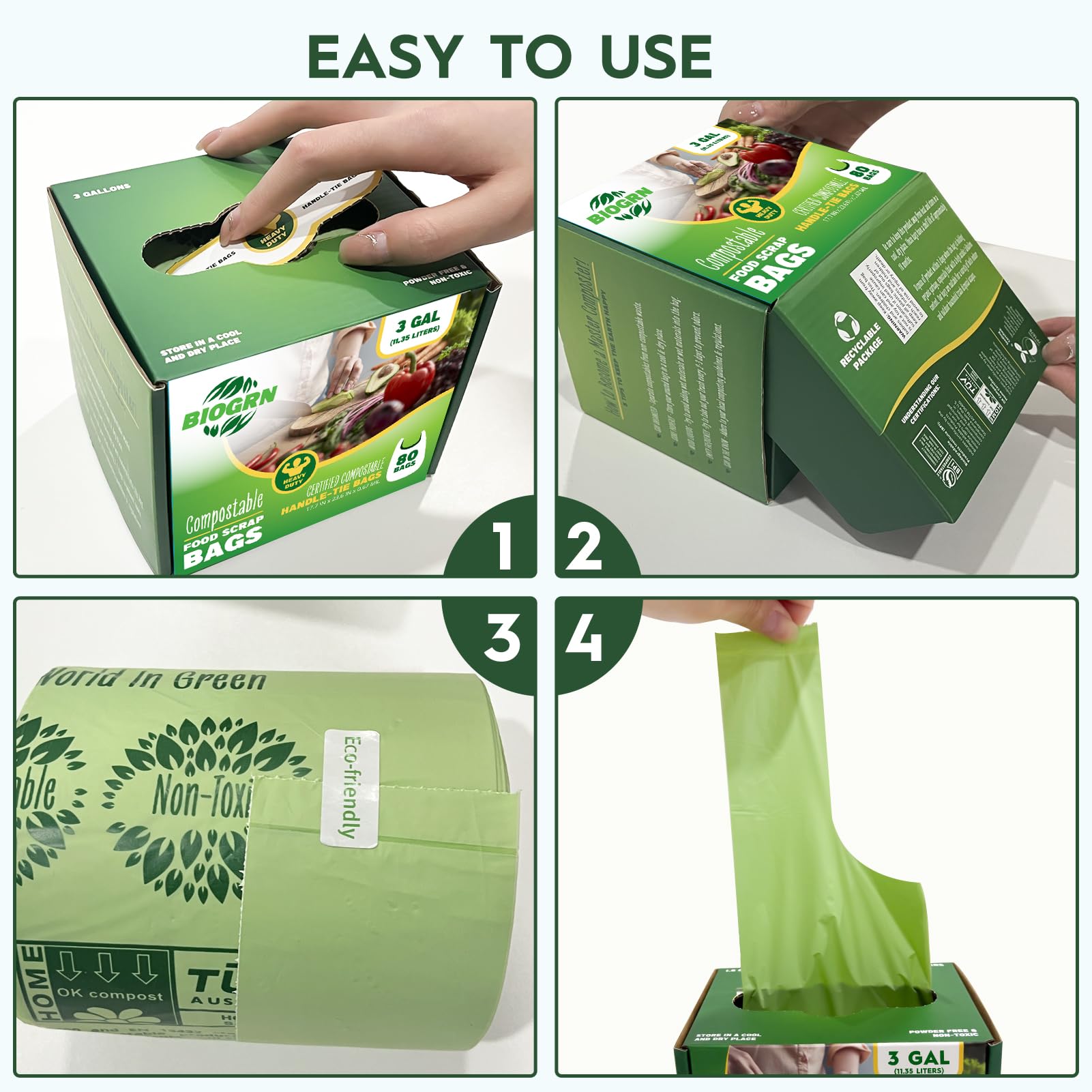 2.6 3 Gallon Compostable Trash Bags with Handles 80 Count 0.67 Mil 11.36 L Small Kitchen Wet Food Scrap Waste Compost Bag for Countertop Bin ASTM D6400 US BPI and OK Compost Home Certified