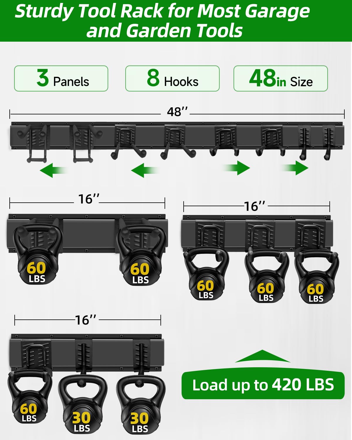 Garden Tool Organizer 48 inches with 18 Garage Wall Hooks in 9 Types (70.4 Ounce)