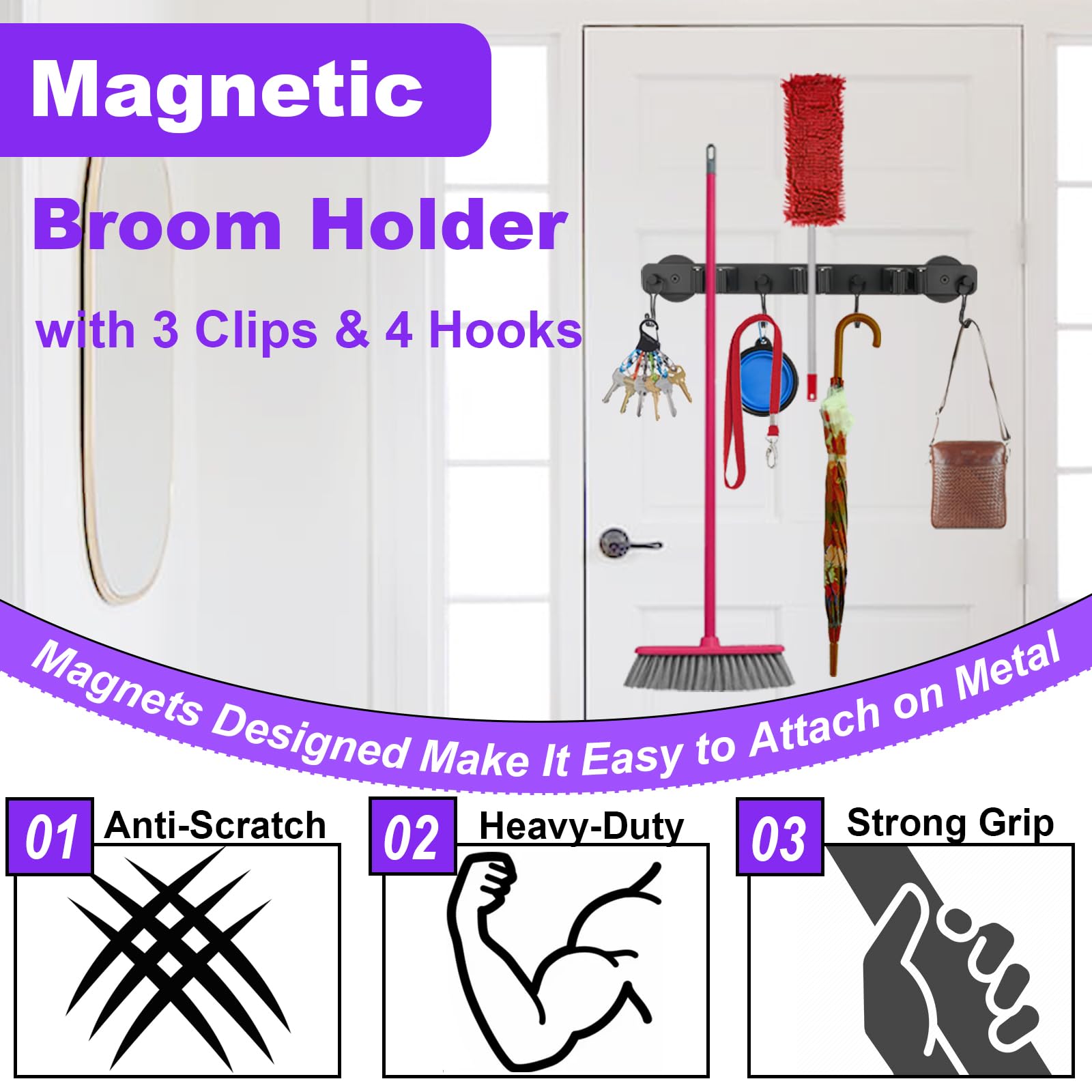 Heavy Duty Magnetic Mop Broom Holder with Swivel Hooks