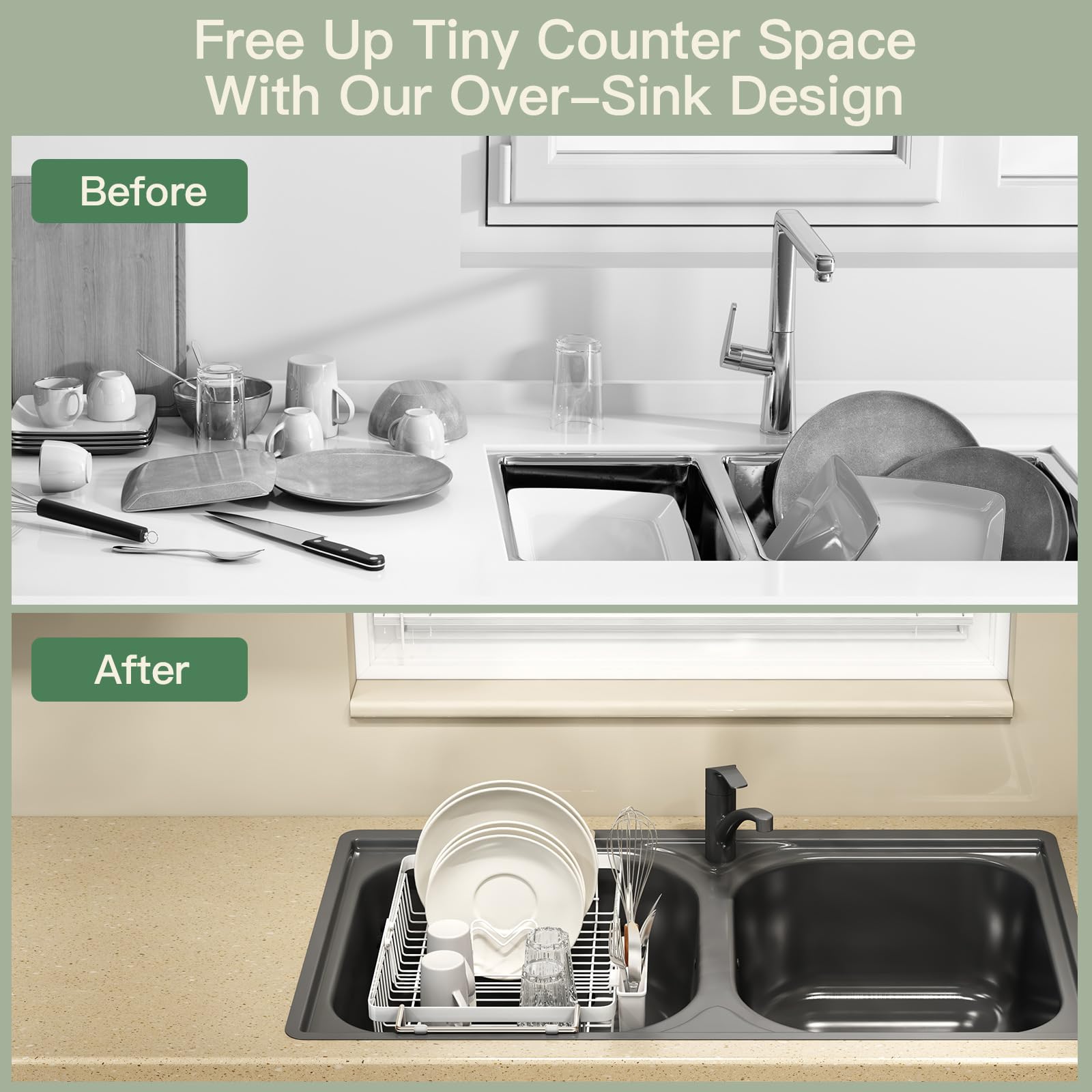 White Dish Drying Rack Over The Sink with Utensil Holder