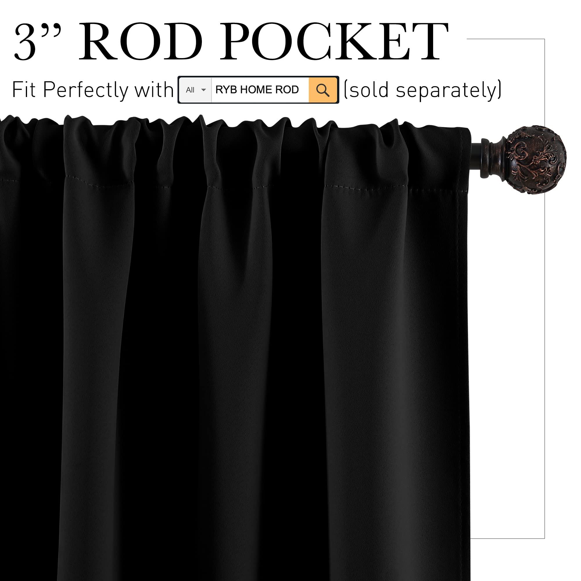 Short Black Blackout Curtains for Small Bedroom Kitchen Window