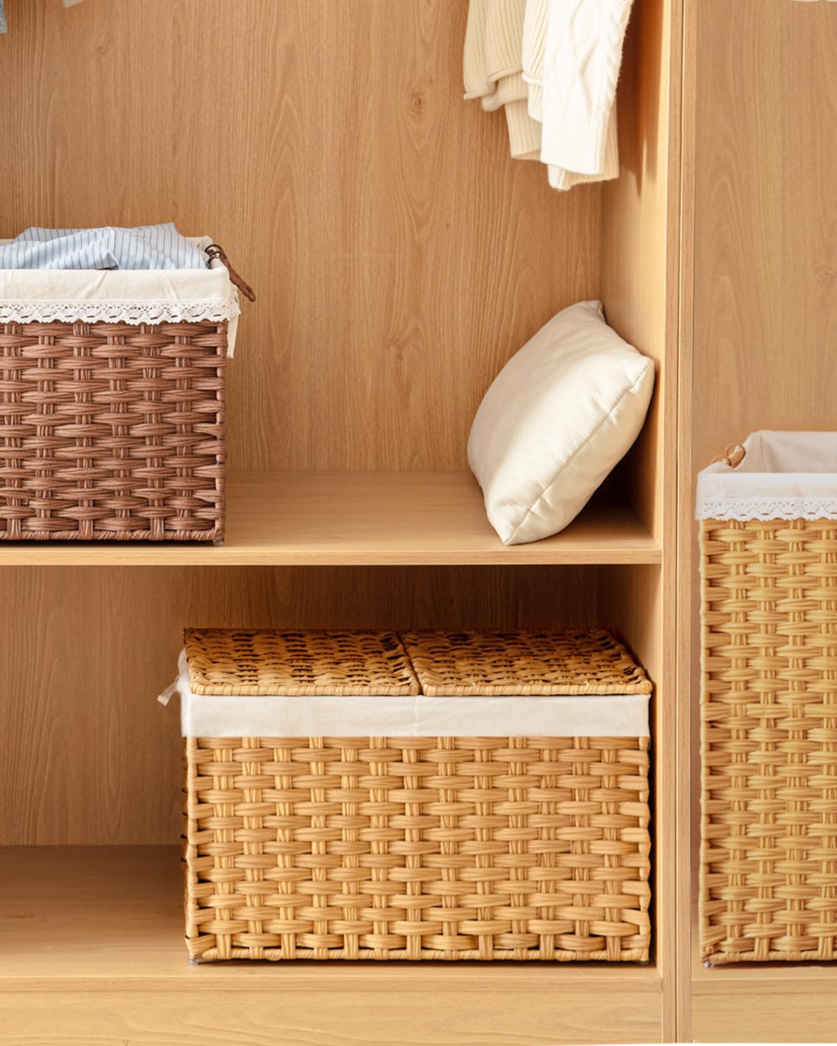 Storage Basket with Lid Rattan Woven Storage Baskets with 2 Separate Lids