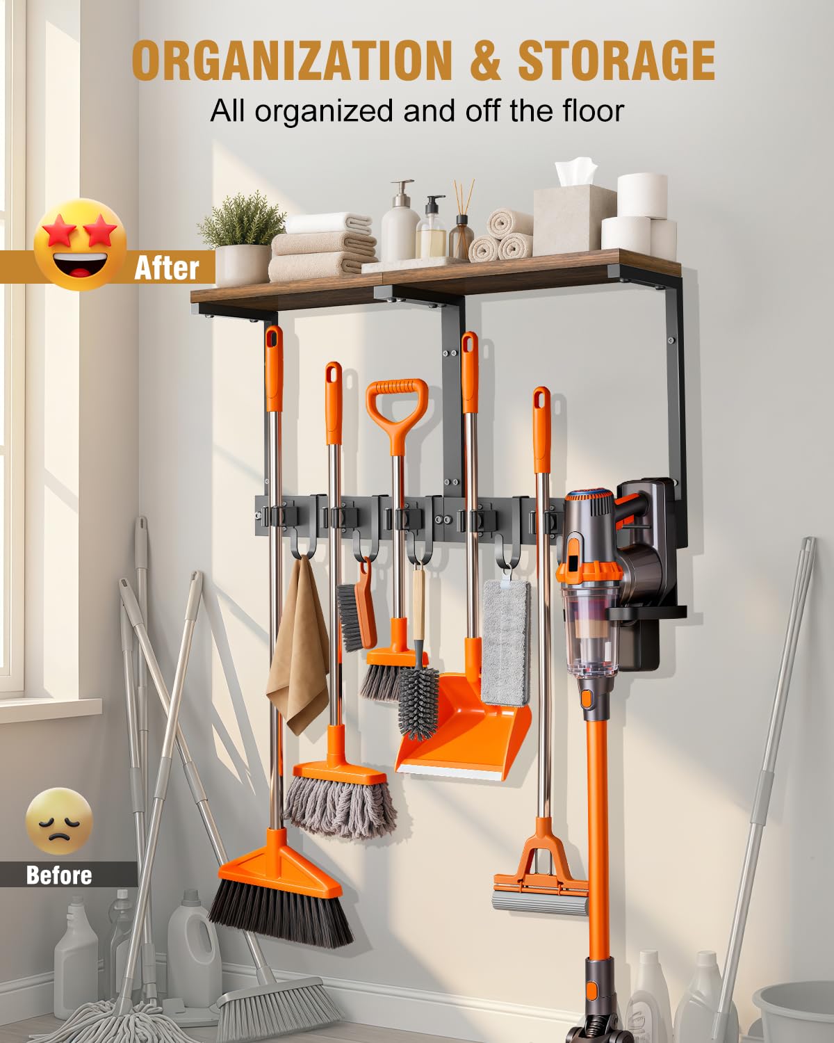 Large Broom Holder Wall Mount with Shelf