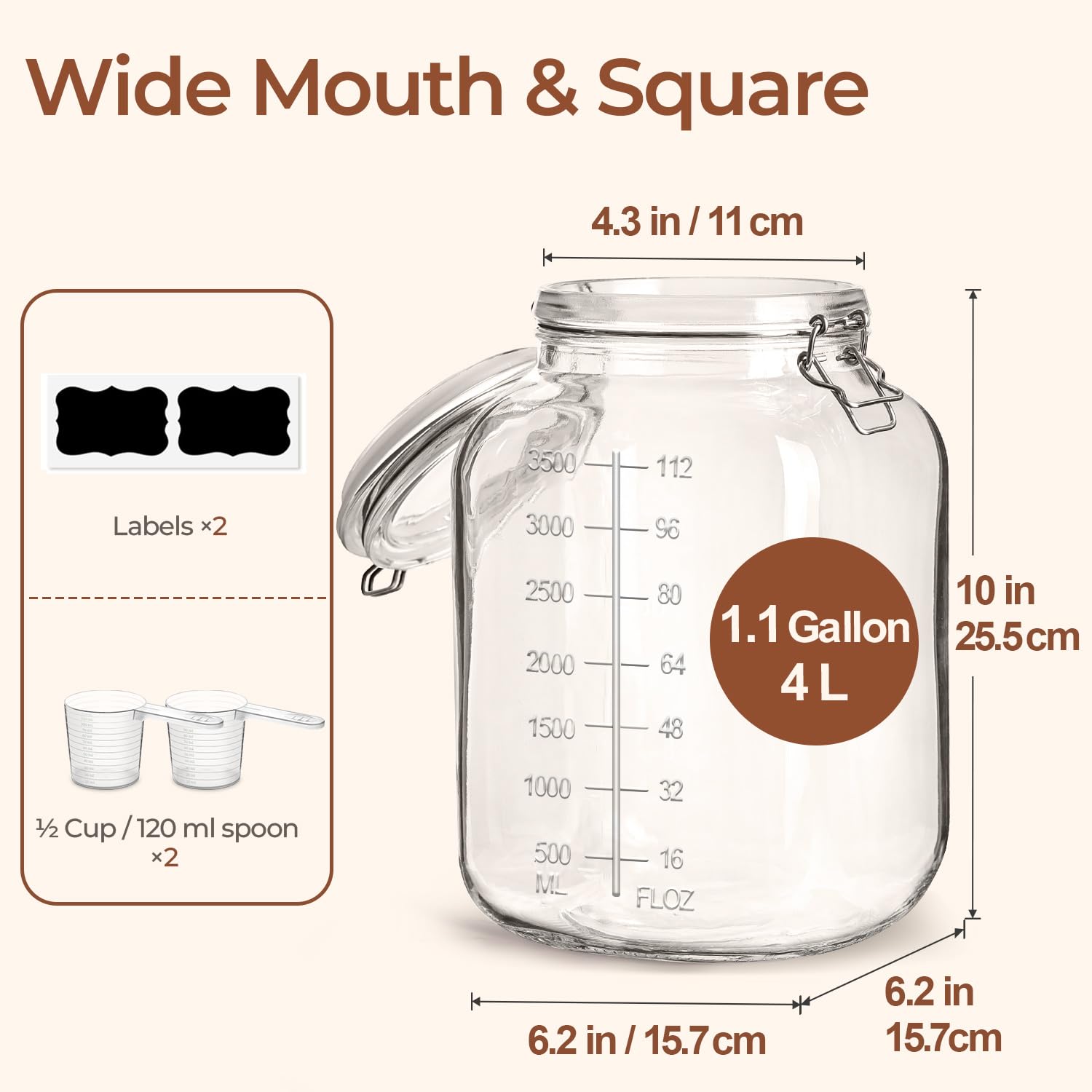 Large Square Glass Jars with Airtight Lid 1 Gallon 2 Pack Wide Mouth (2 Count)