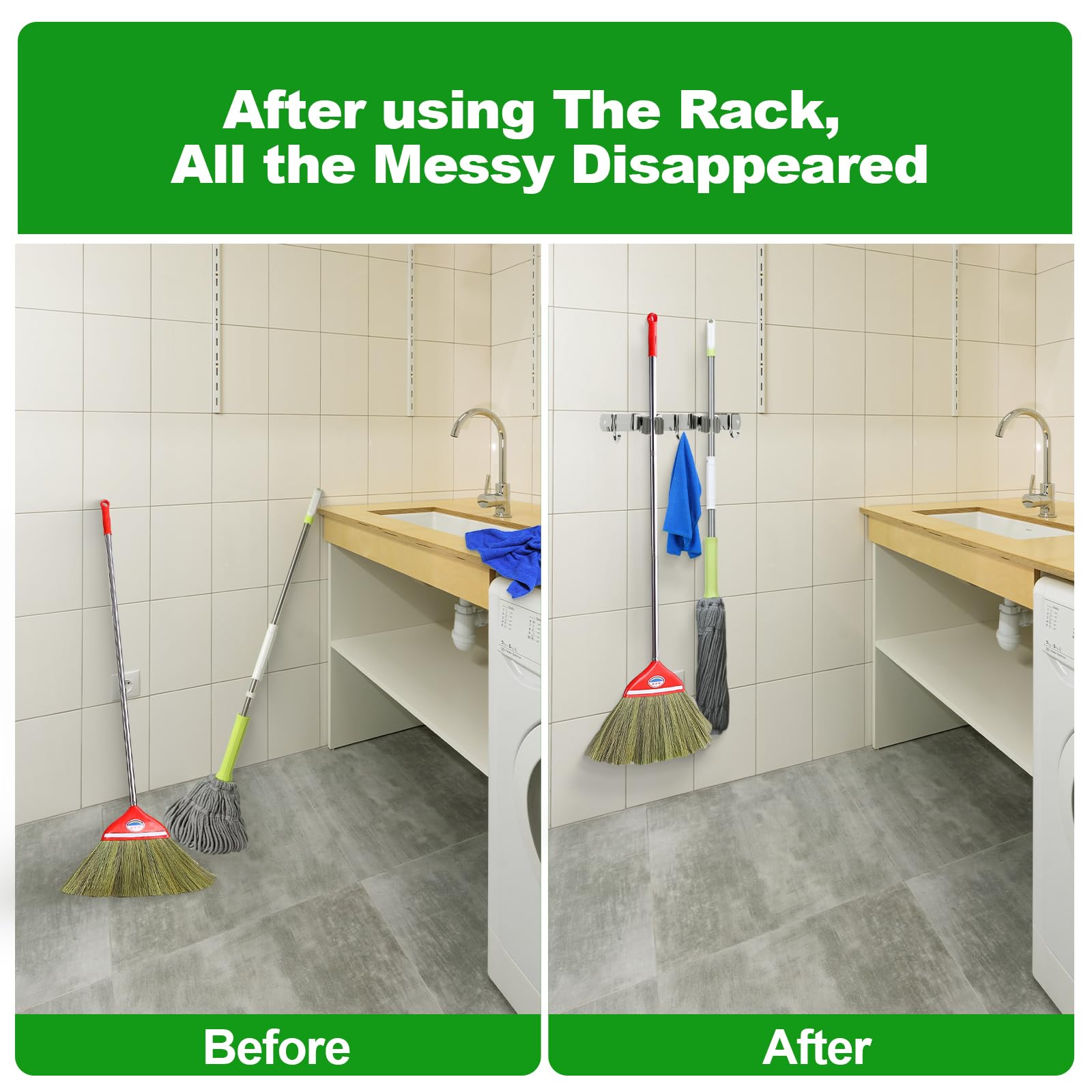 2 Racks and 3 Hooks Mop and Broom Holder Wall Mount