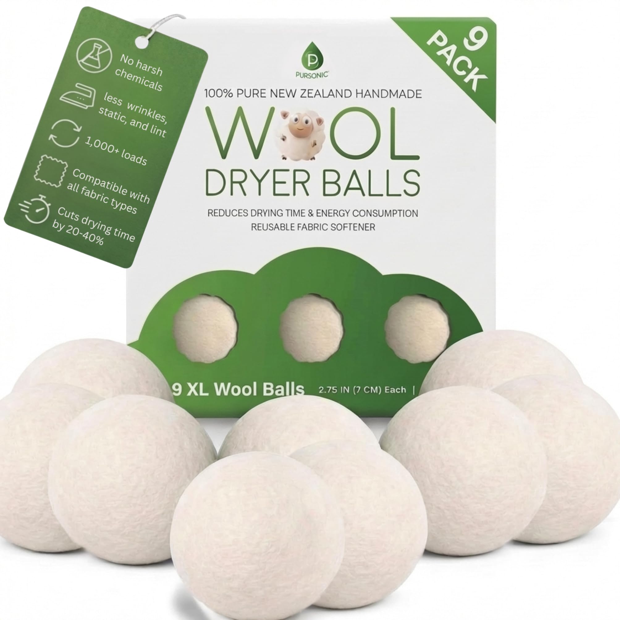 XL Laundry Wool Dryer Balls Made with 100% Pure New Zealand Wool (9 Count)