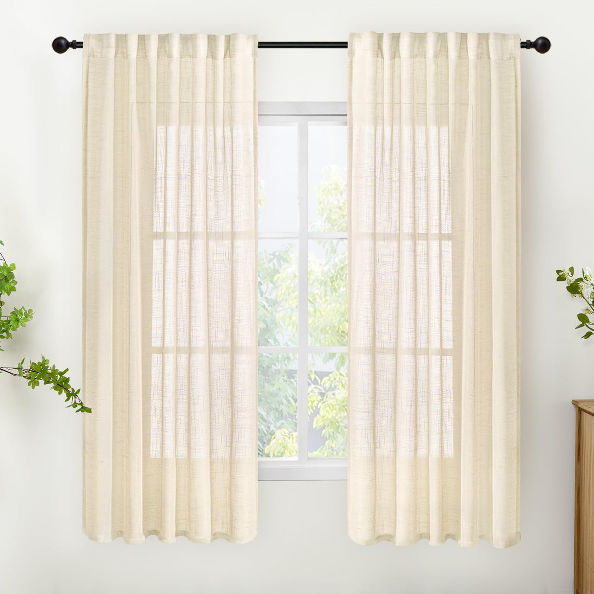 Beige Linen Semi Sheer Curtains 63 Inch Length (2 Count)
