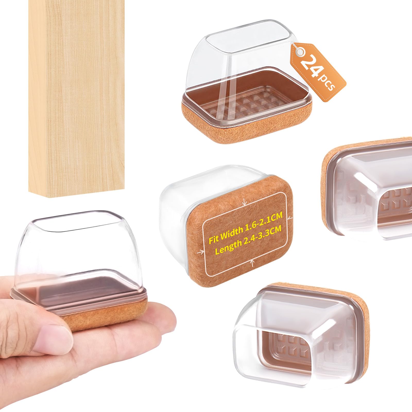 24 Pcs Rectangle Clear Felt Chair Leg Floor Protectors Caps for Hardwood Floors (24 Count)