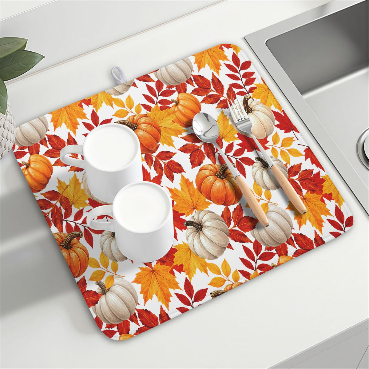 Fall Pumpkin Dish Drying Mat for Kitchen Counter 16x18 Inch Autumn Pumpkins Maple Leaves Drying Mats Thanksgiving Absorbent Reversible Dish Pad Fast Dry Drainer Mat Protector for Countertop Coffee Bar