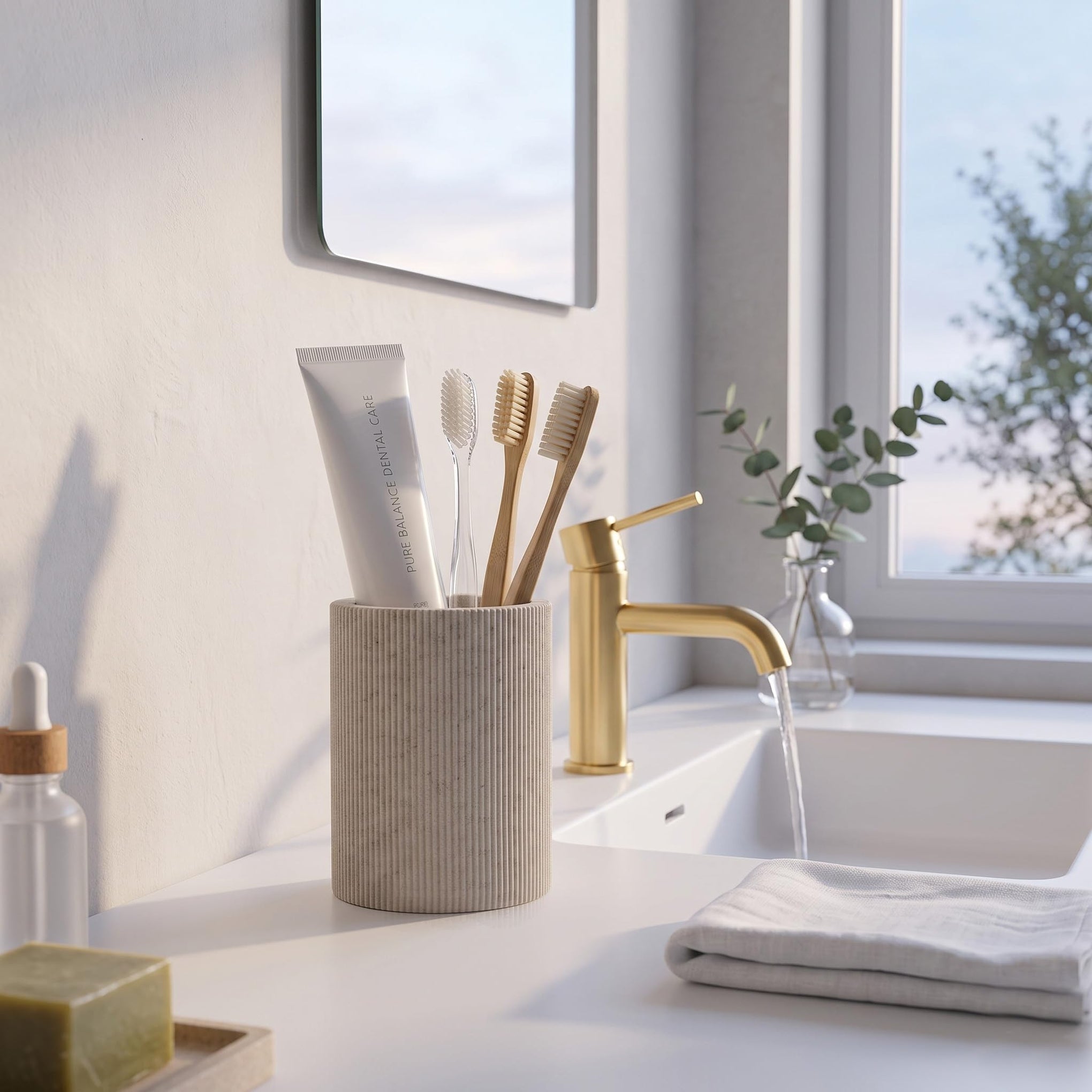 Tall Sand Beige Toothbrush Holder for Bathroom Countertop