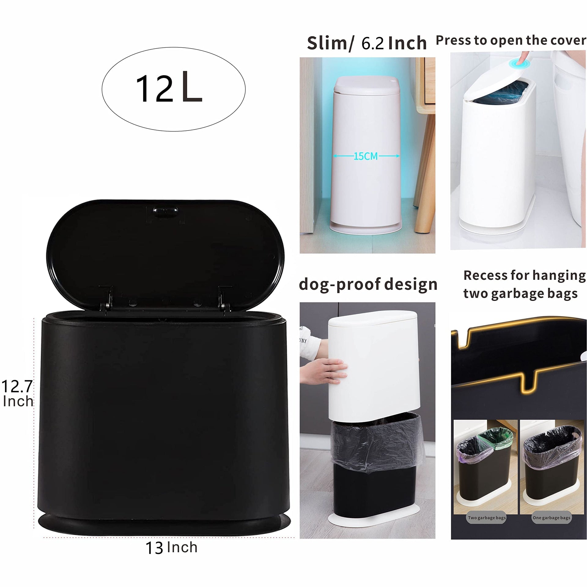 Black Slim Bathroom Trash Can with Press Top Lid