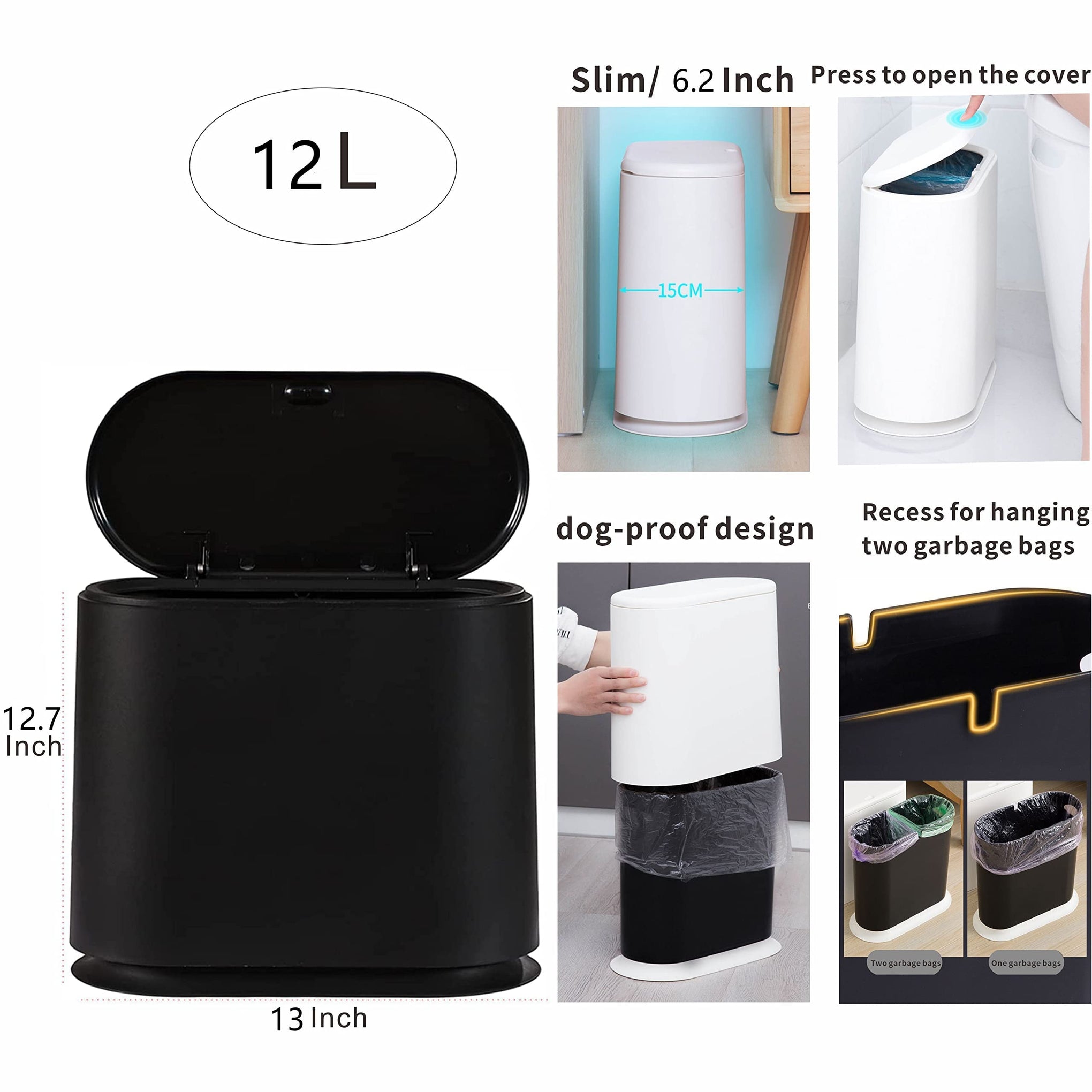 Black Slim Bathroom Trash Can with Press Top Lid