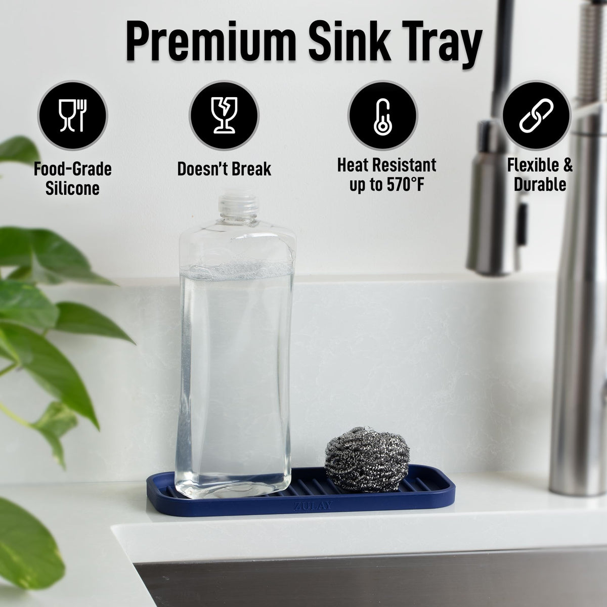 9x3.5) Silicone Sponge Holder for Kitchen Sink - Flexible Multipurpose Soap Tray - Sink Organizer for Kitchen, Bathroom, Makeup, Trinkets & More (Dark Blue)