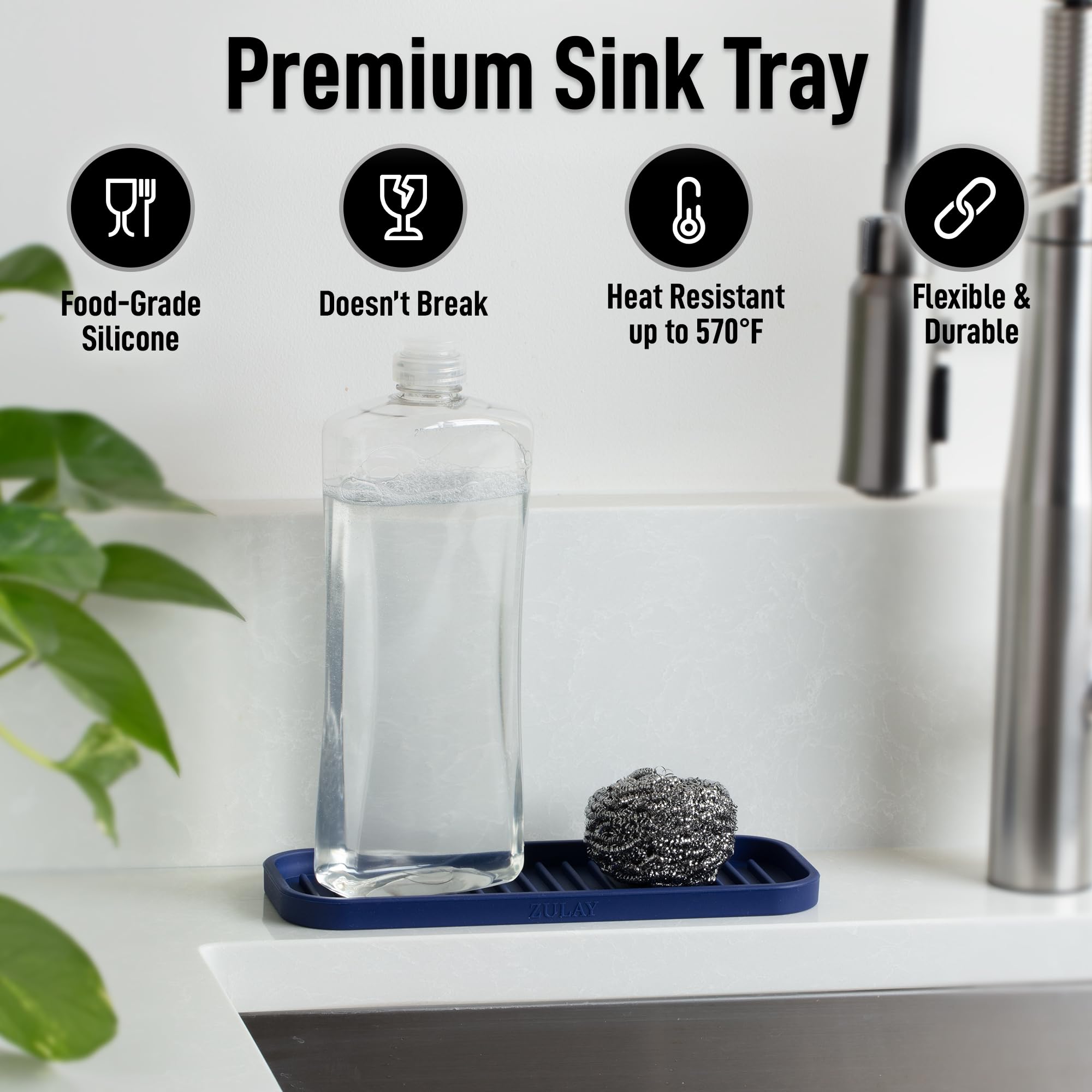 9x3.5) Silicone Sponge Holder for Kitchen Sink - Flexible Multipurpose Soap Tray - Sink Organizer for Kitchen, Bathroom, Makeup, Trinkets & More (Dark Blue)