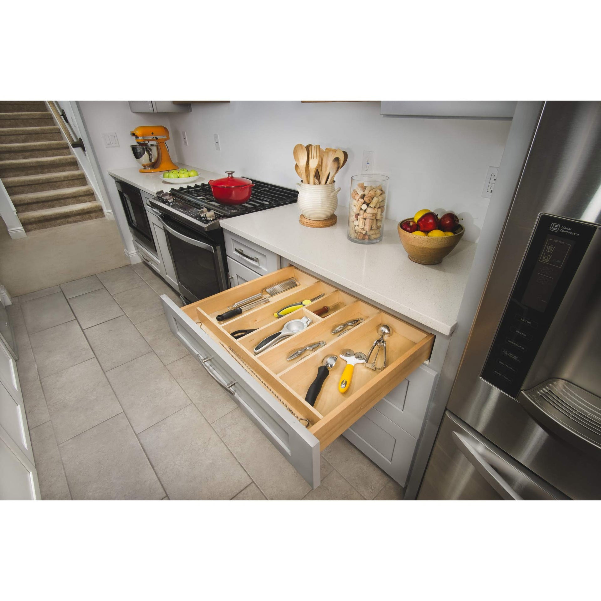 Trim-to-Fit Shallow Drawer Organizer For Kitchen Utensils, Cutlery Cabinet Storage Divider Insert, 23.98 x 21.97 In, Maple Wood, 4WUT-3SH