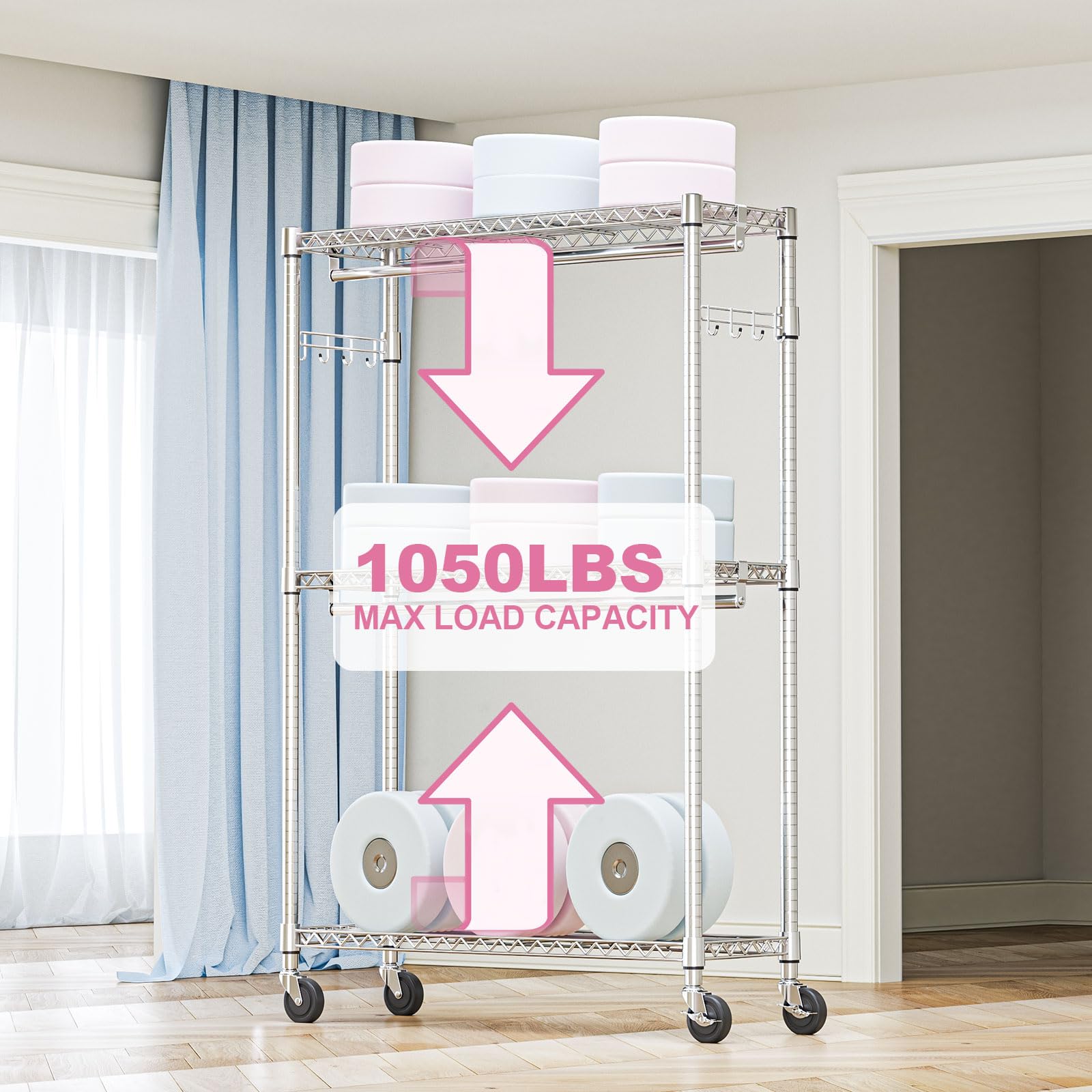 Heavy Duty Rolling Garment Rack 3 Tiers Adjustable Wire Shelving Clothes Rack with 2 Rods and Side Hooks