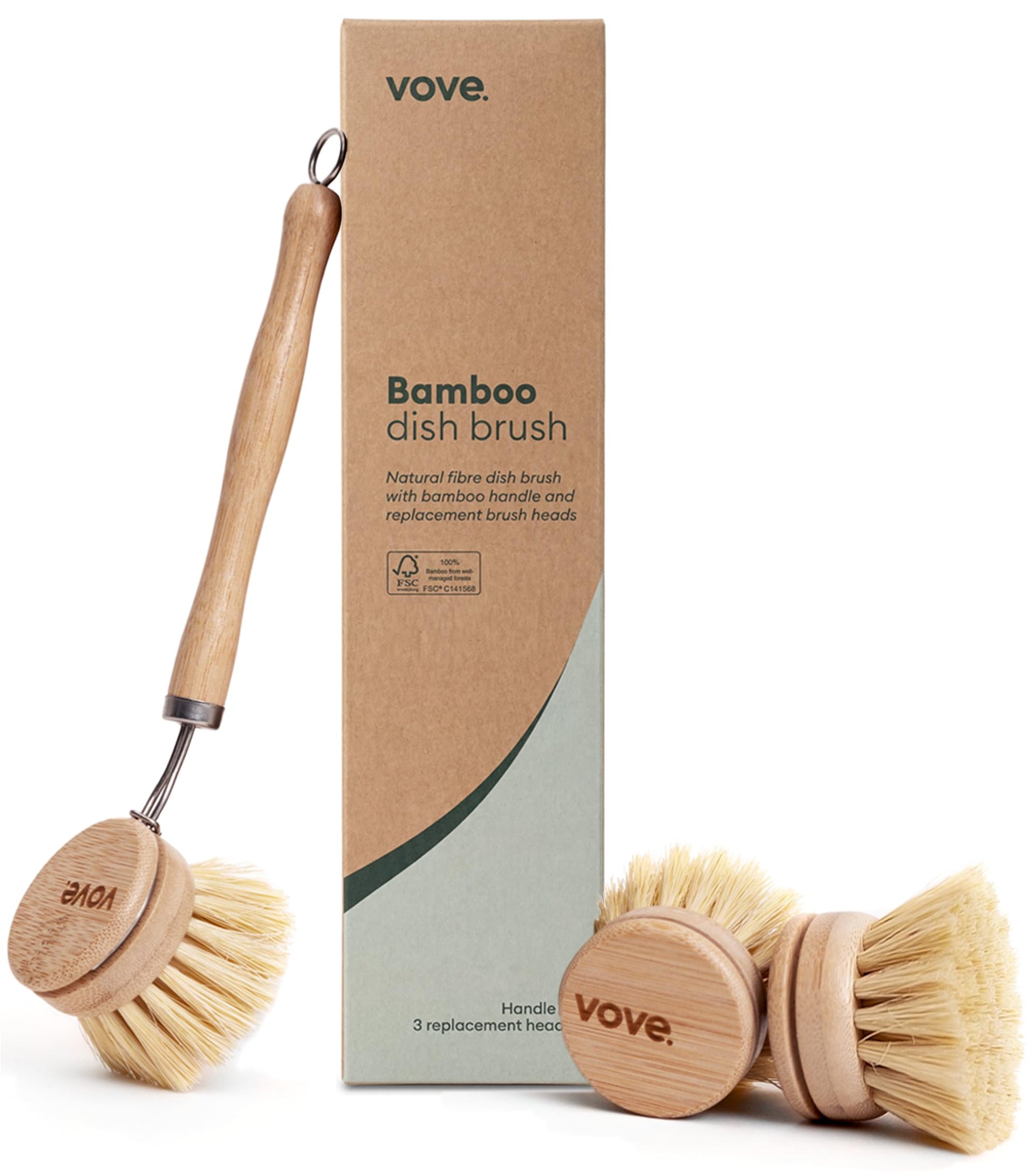 Bamboo Dish Brush with 3 Replacement Heads