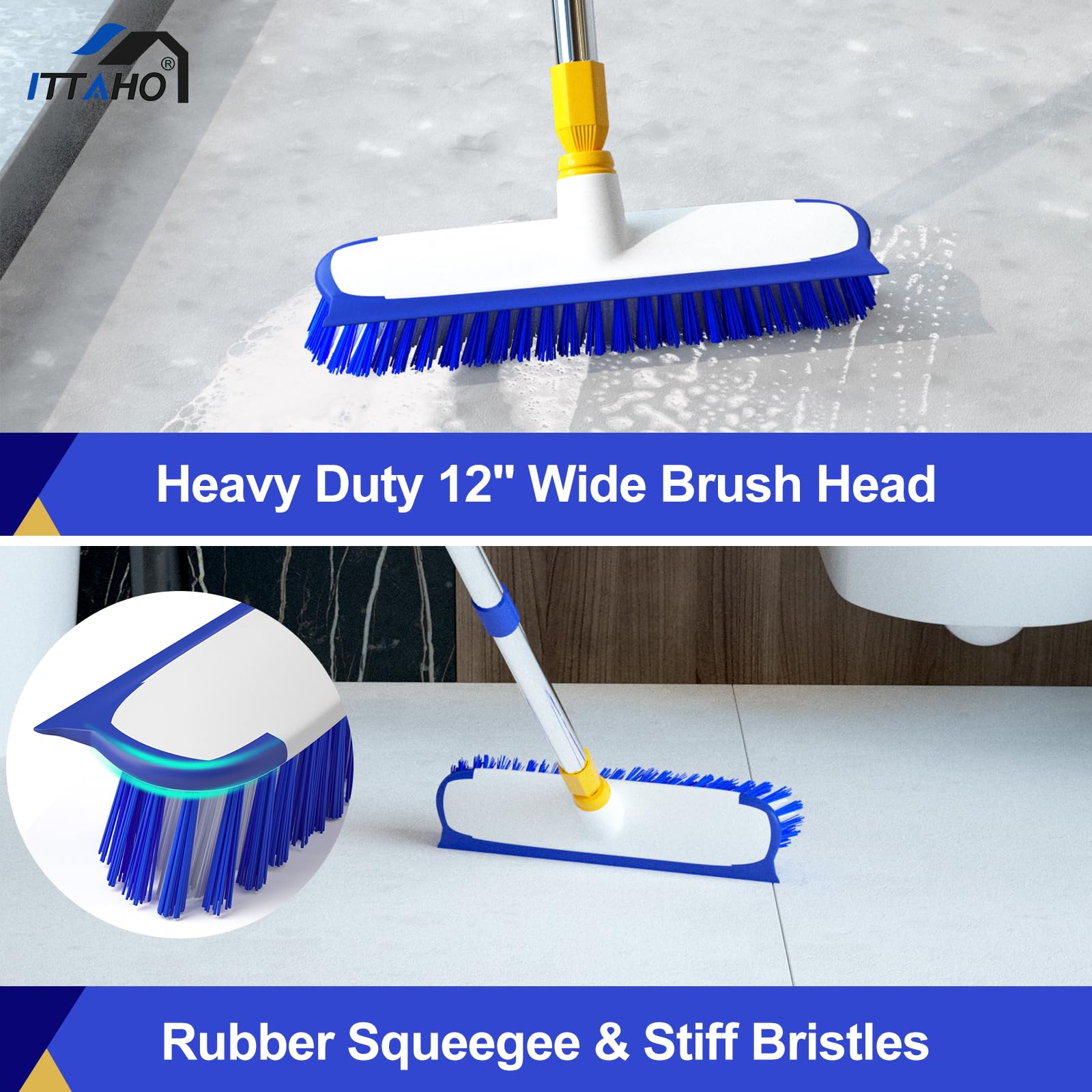 12" Wide Floor Scrub and Grout Brush Set With Long Extendable Handle