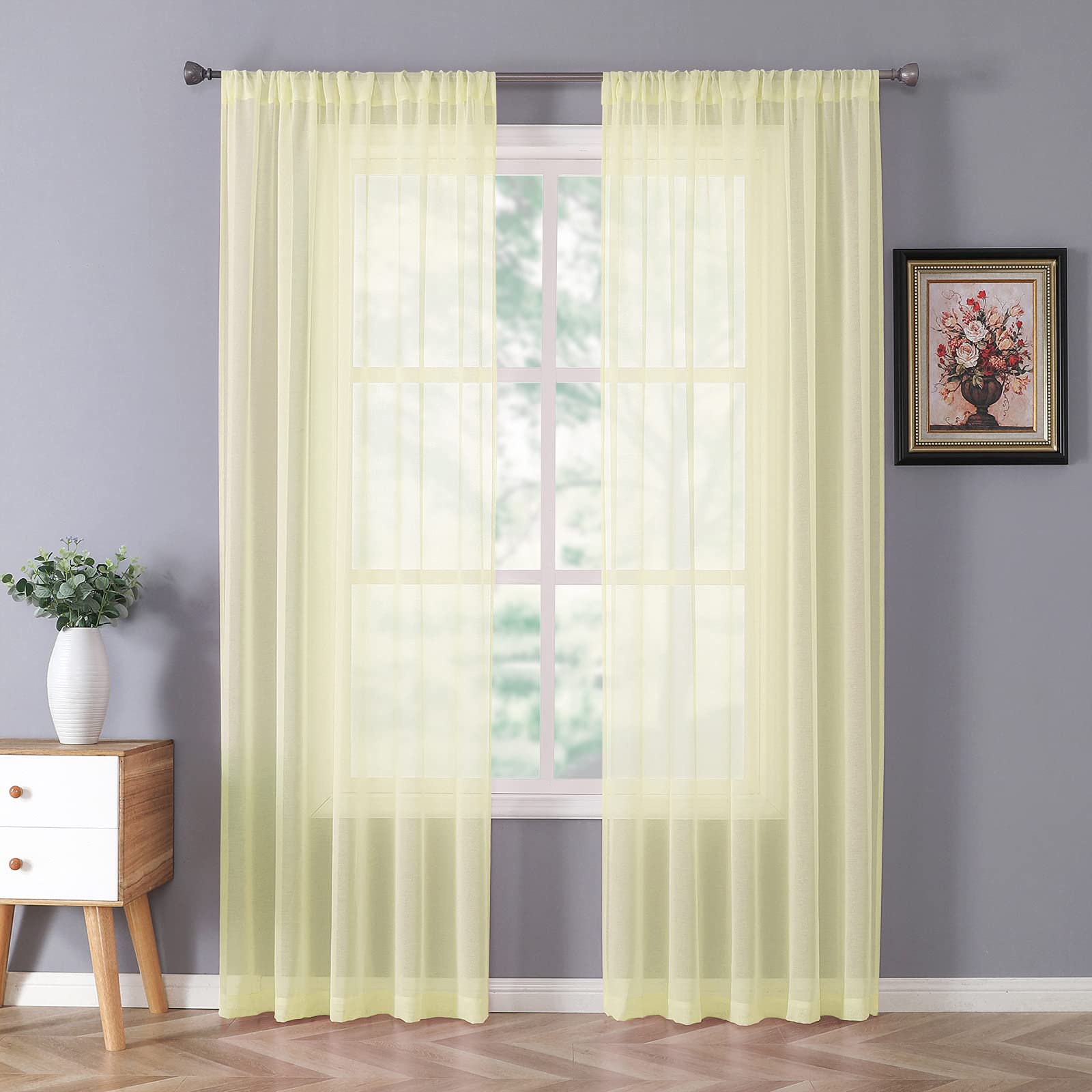 Sheer Curtain Linen Textured Bedroom Curtains Sheer Light Filtering Rod Pocket Voile Curtain for Living Room (2 Count)