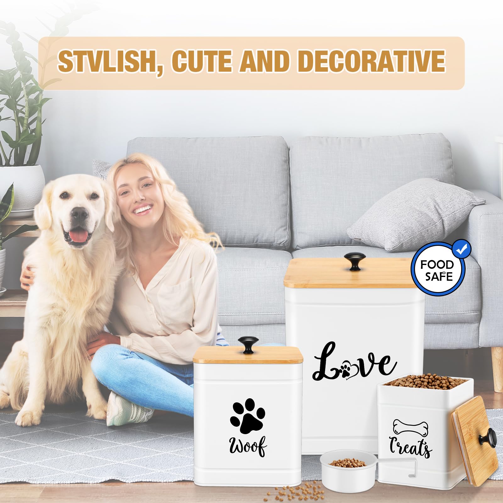 Metal Dog Treat Containers Set of 3 with Bamboo Lids and Spoon Airtight 7+3+2 lbs Dog Food Snack Jars with DIY Labels Big Pet Cookie Storage Jar for Kitchen Counter (3 Count)