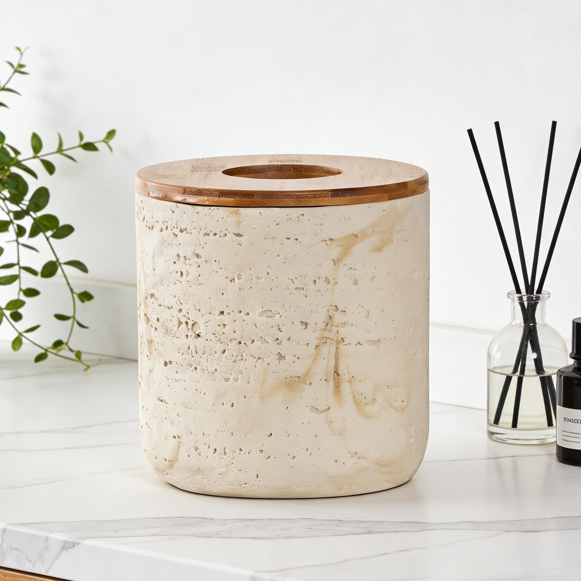 Natural Travertine Textures Beige Mini Trash Can with Bamboo Lid