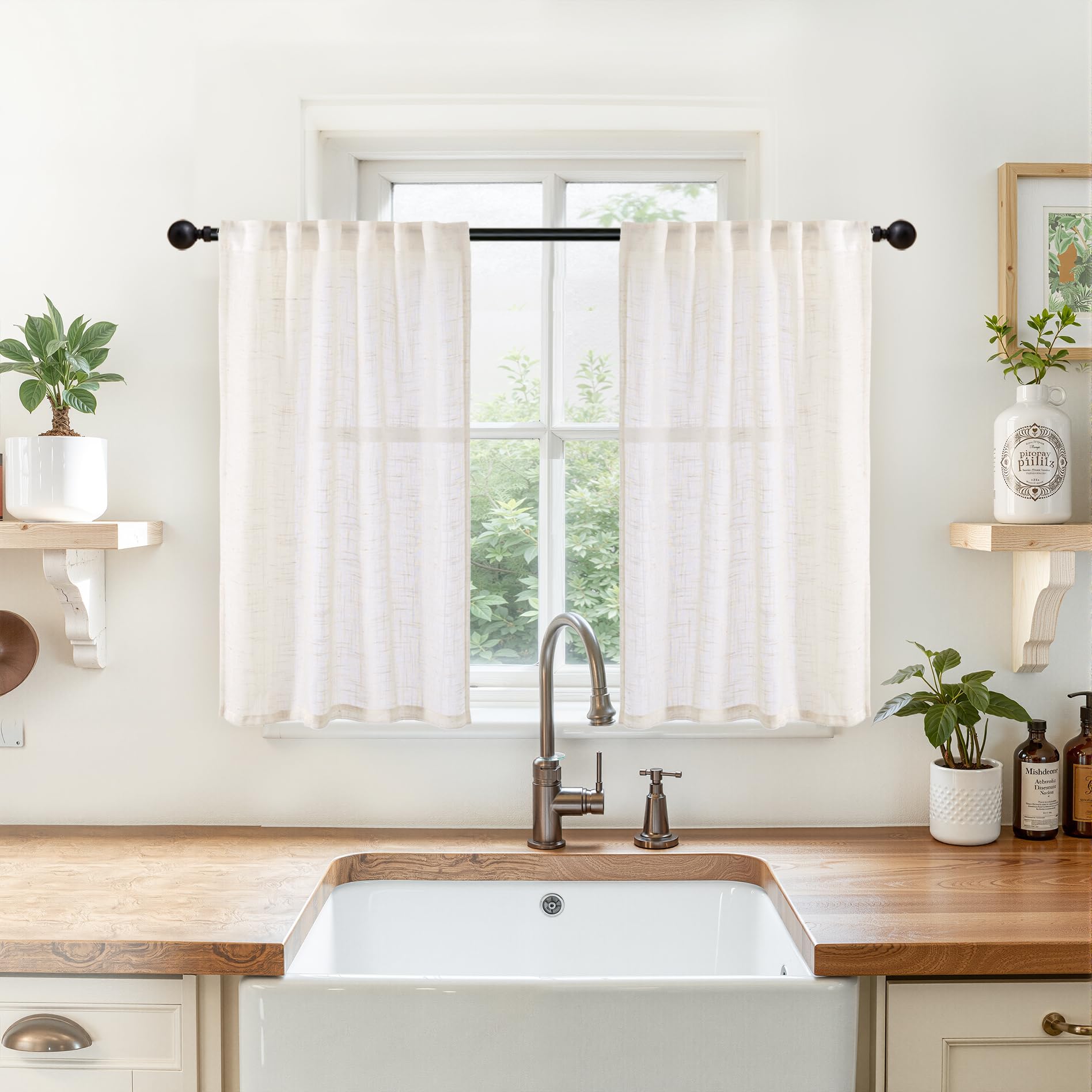 Linen Semi Sheer Curtains 36 Inches Long for Kitchen Window (2 Count)