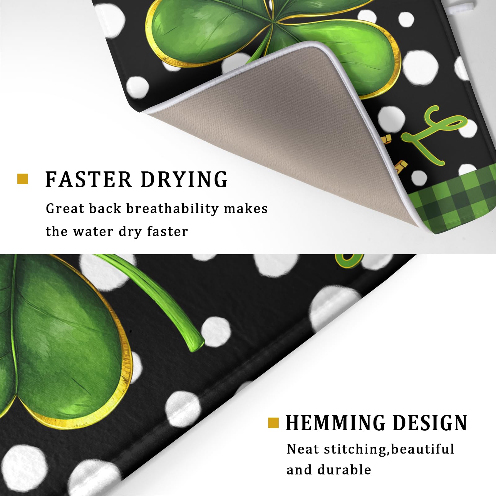 St. Patrick's Day Dish Drying Mats 18x24 Inch Green Clover Shamrock Lucky Kitchen Mat Polka Dot Microfiber Drying Mats Ultra Absorbent Reversible Dishes Drying Rack Pad for Kitchen Countertops