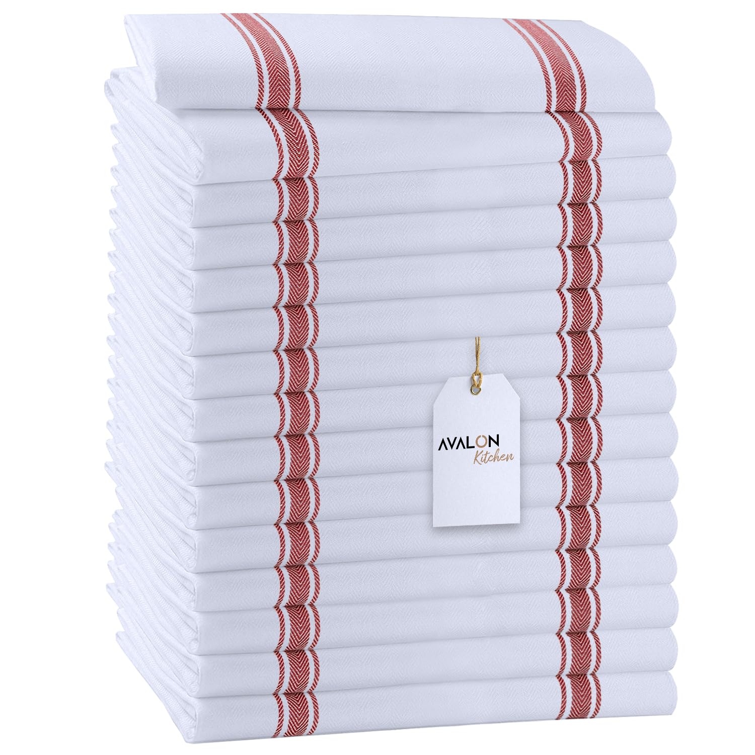 Dish Towels 15 Pack Red Stripe 100% Cotton Kitchen Towel 15x25 Inch Tea Towels (15 Count)