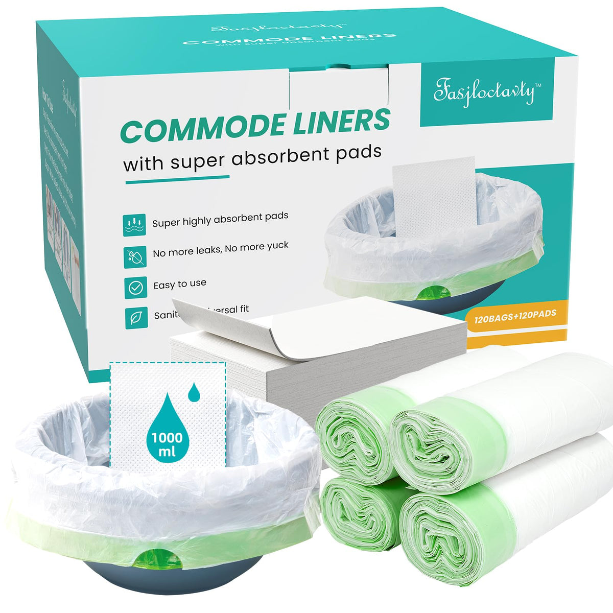 120 Pack Bedside Commode Liners with 120 Super Absorbent Pads (120 Count)