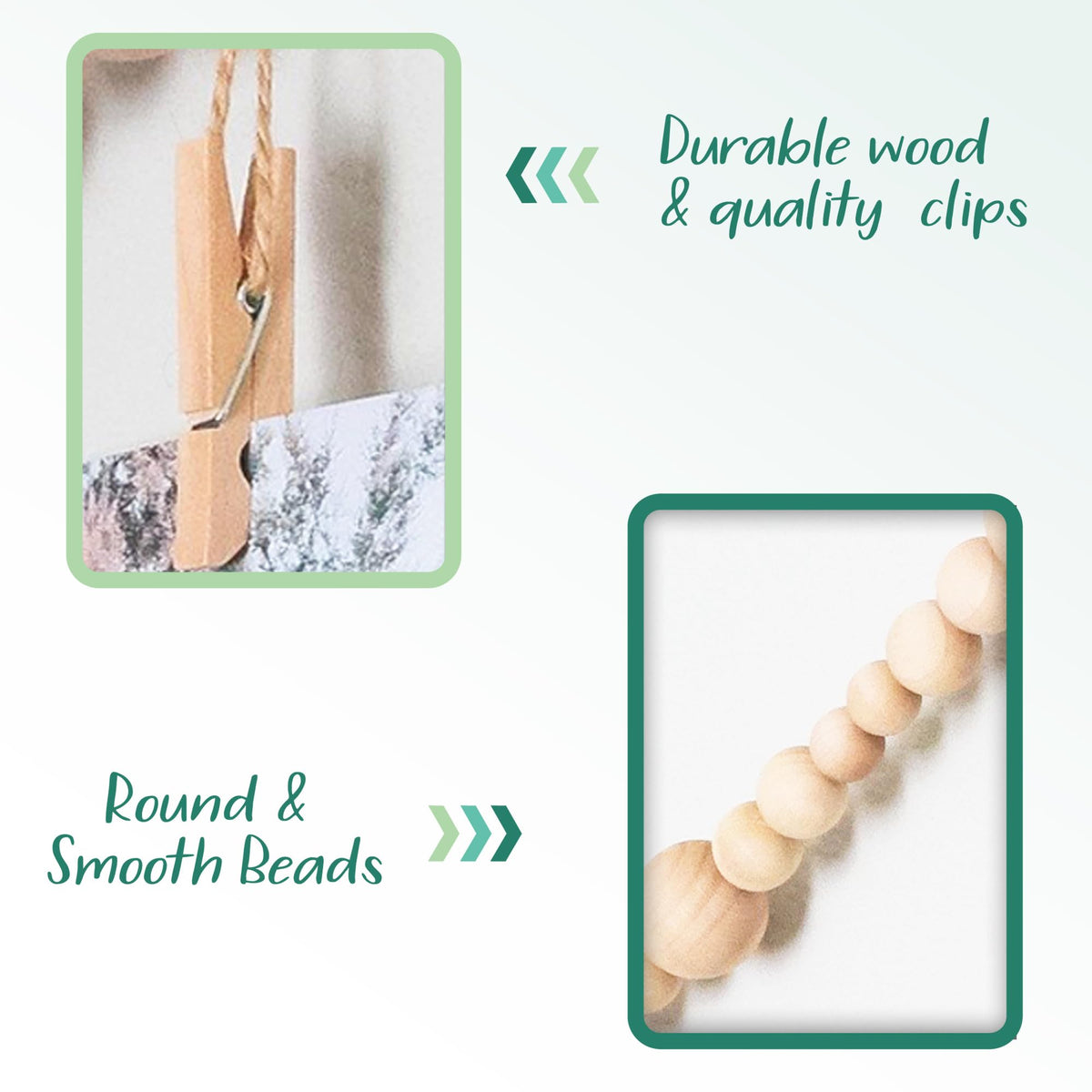 4 Feet Wooden Beads Garland with Clothespins Picture Cards Holder (4 Foot)