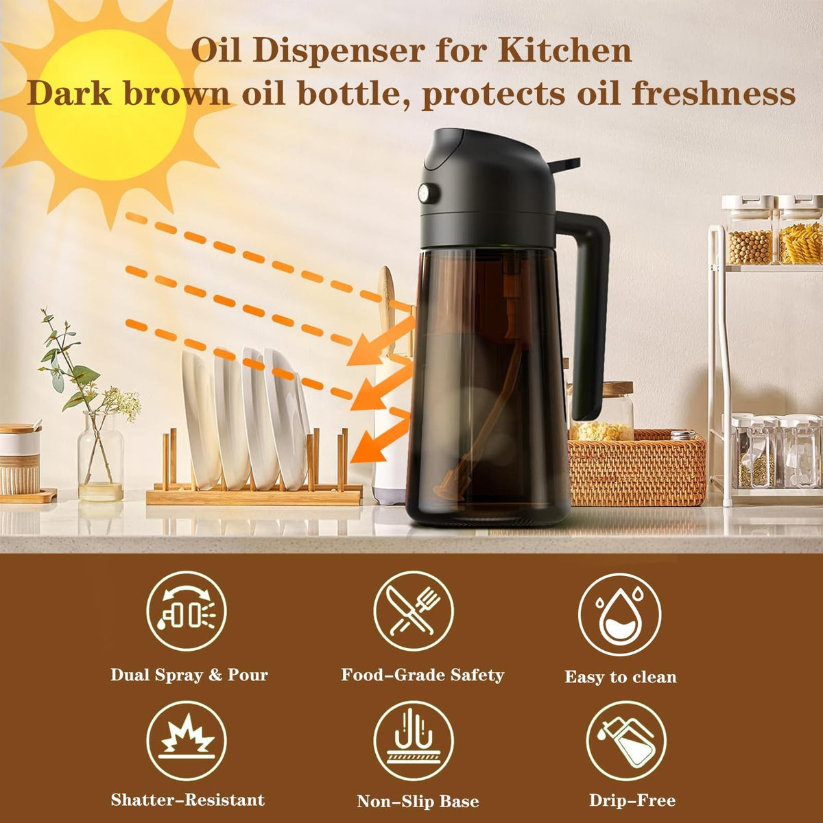Oliver Oil Sprayer Dispenser for Cooking Bottle 16oz Dark Glass Black