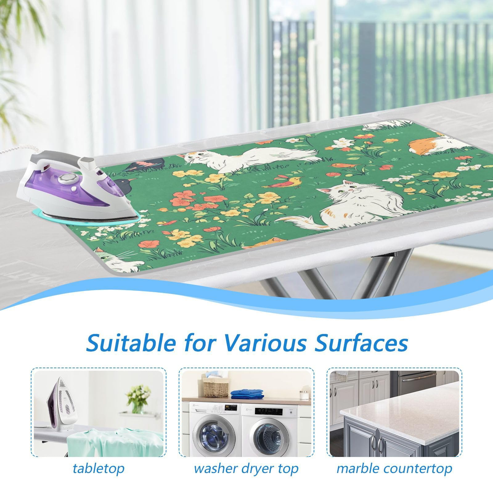 Green Spring Persian Cat and Hummingbird Ironing Mat Portable Ironing Pad Blanket with Silicone Iron Rest for Table Top Travel Heat Resistant Double