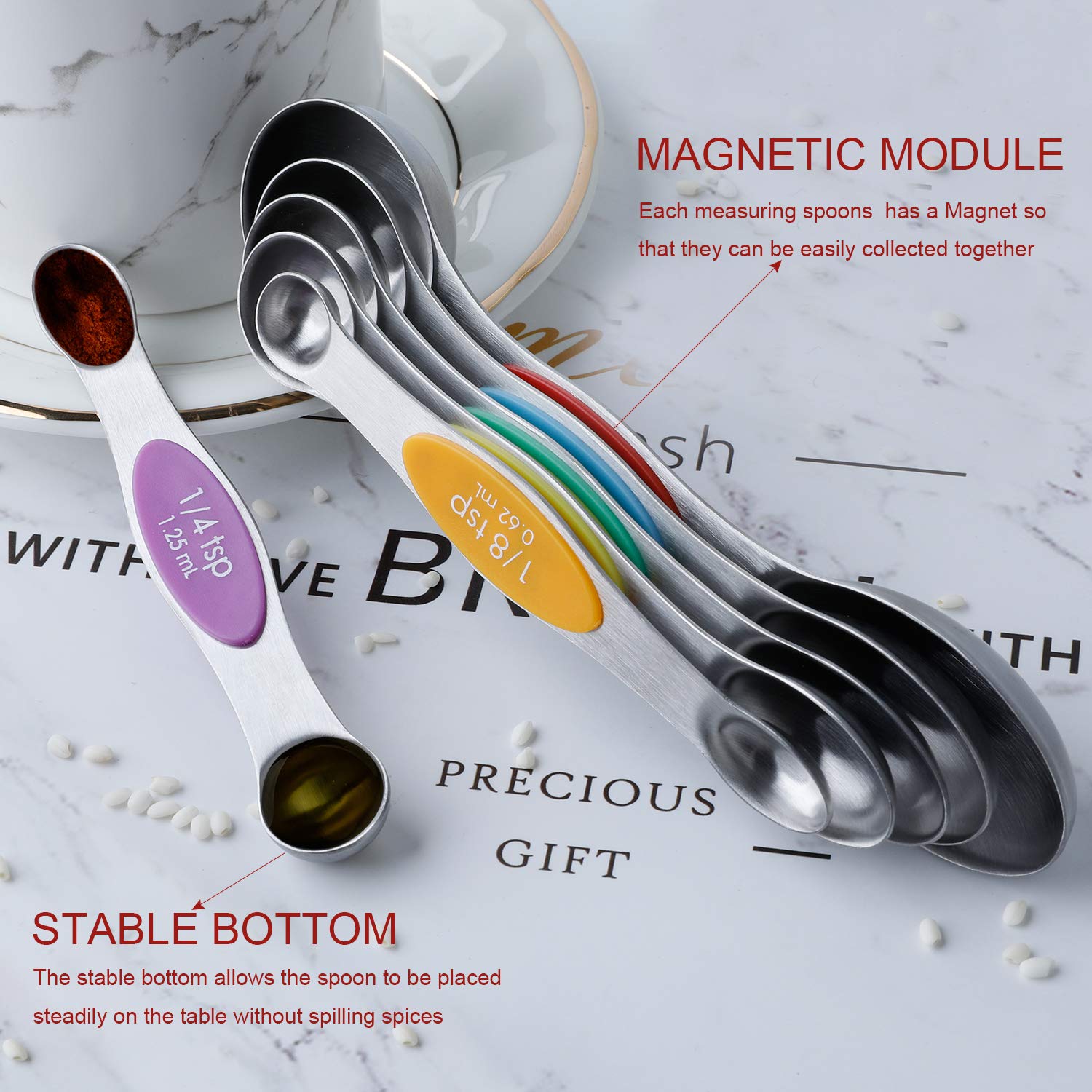 Magnetic Measuring Spoons Stainless Steel Dual Sided Teaspoons Tablespoons (6 Count)