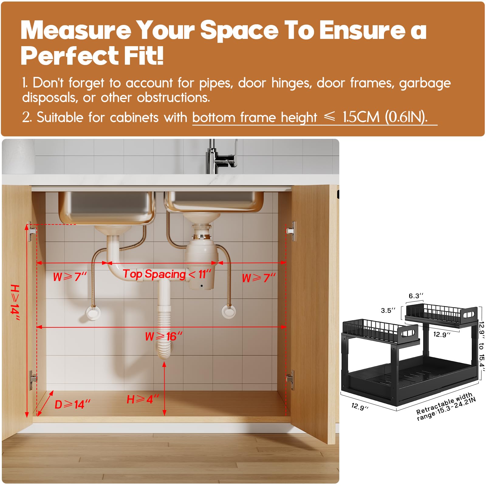 1 Pack Expandable Under Sink Organizers And Storage With Upgrade Ball (2 Compartments)