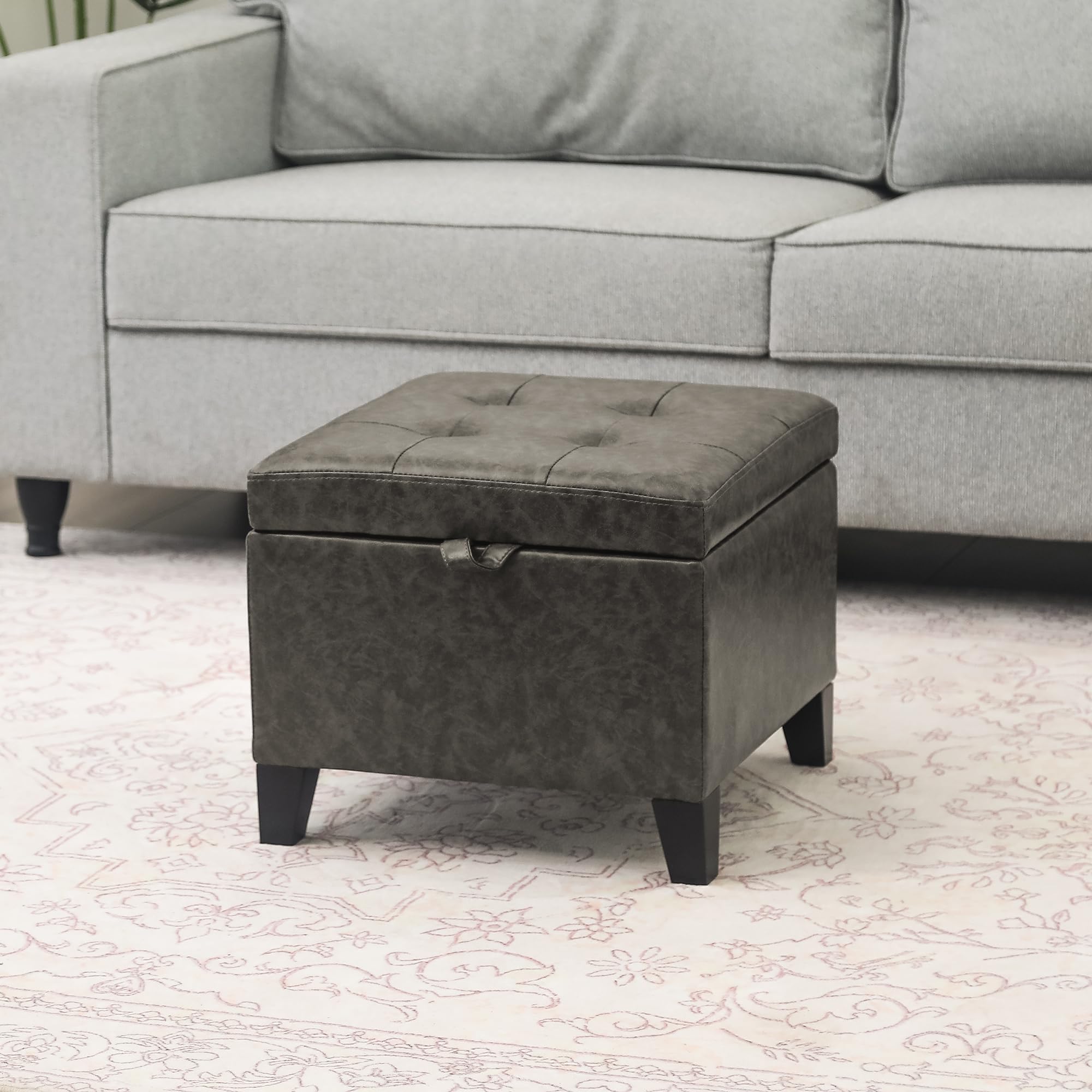 15.2" Square Faux Leather Storage Ottoman