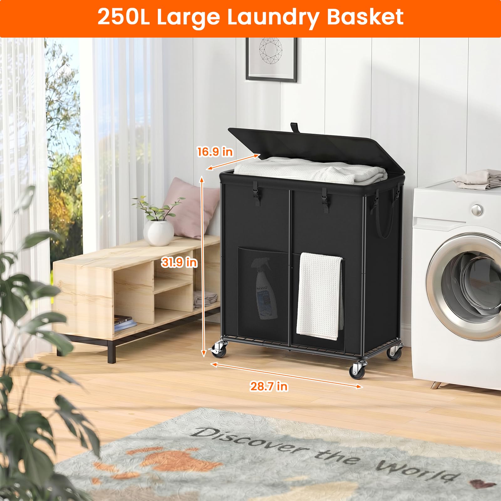 250L Laundry Hamper with Lid & Wheels