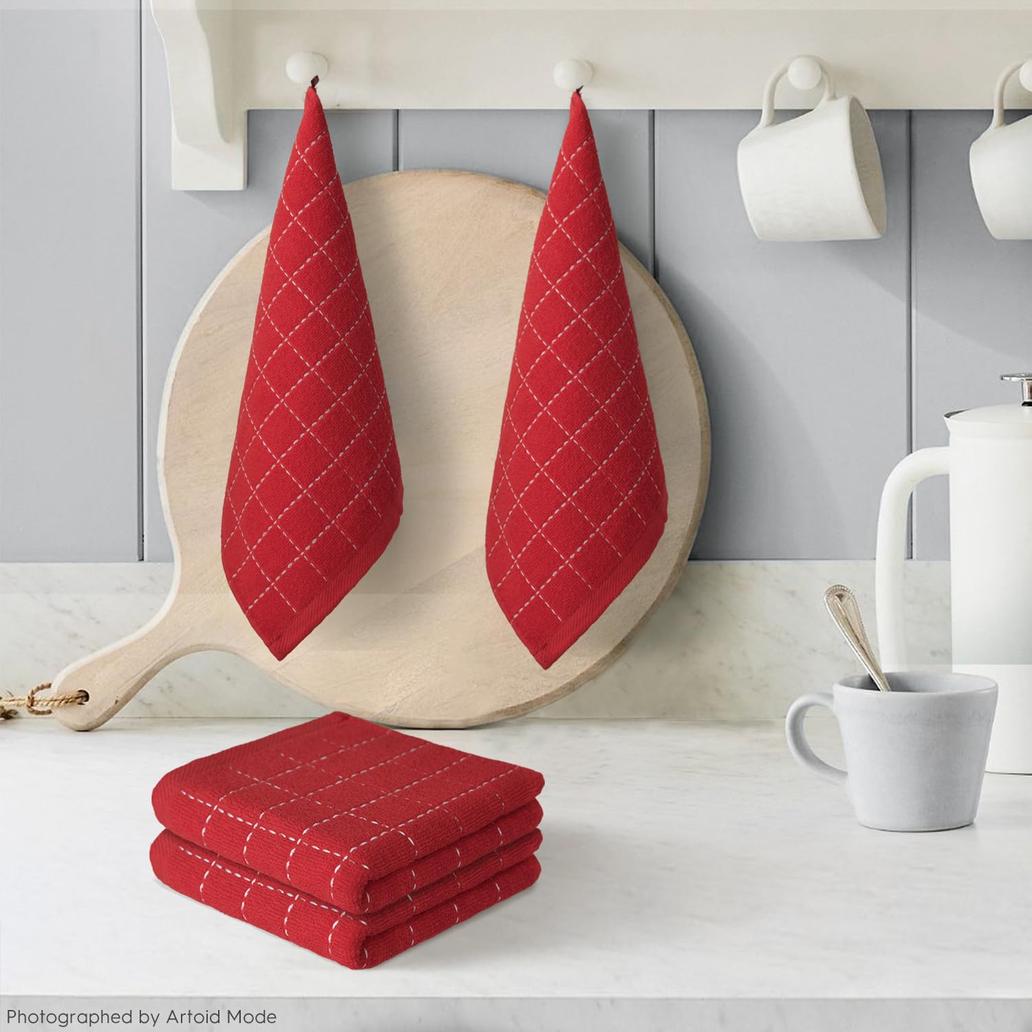 Checkered Designed Cotton Red Terry Kitchen Dish Cloths (6 Count)