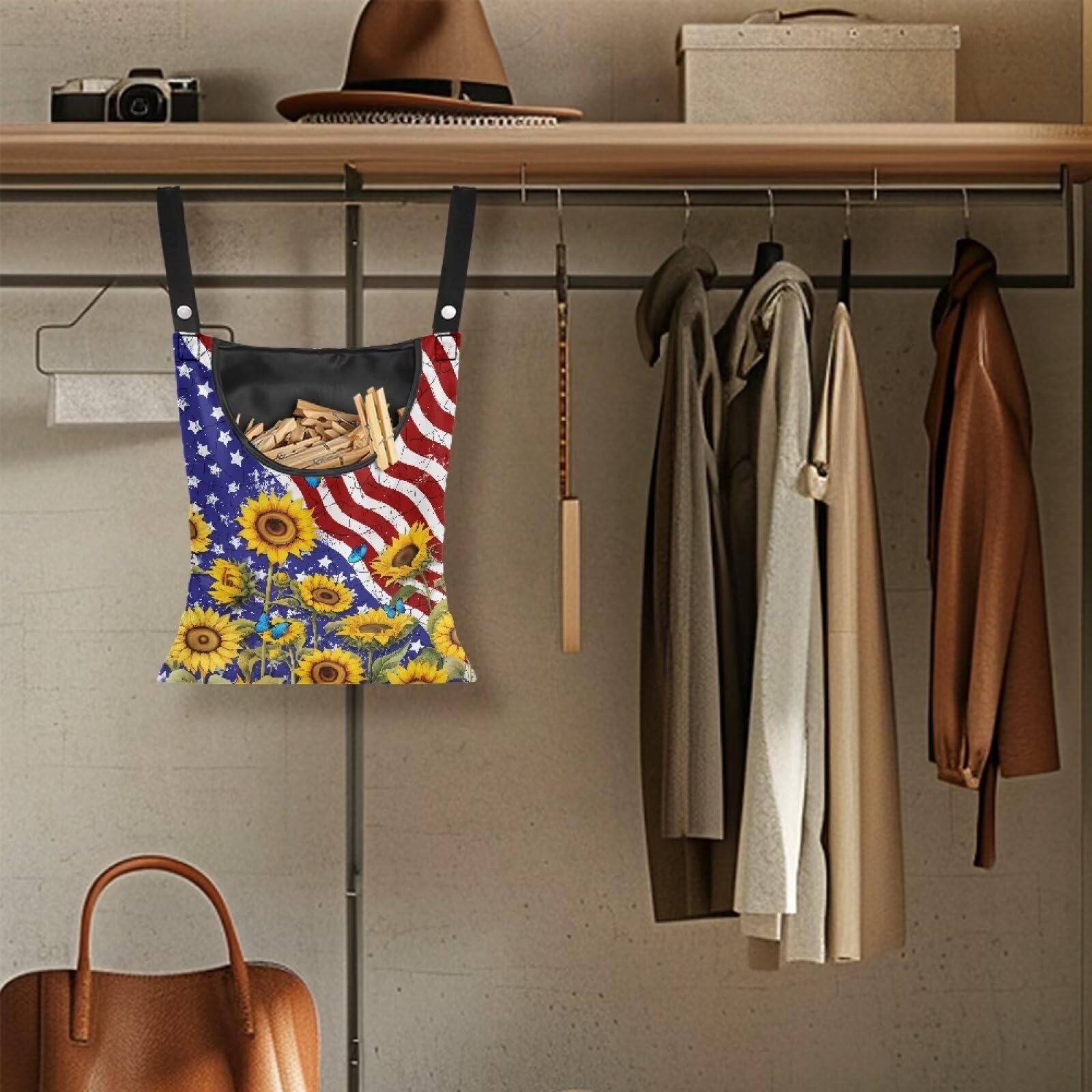 American Flag Clothespin Bags Sunflower Laundry Hanging Storage Organizer Clothes Pin Hanging Bags with Rope Clothespin Holder with an Space