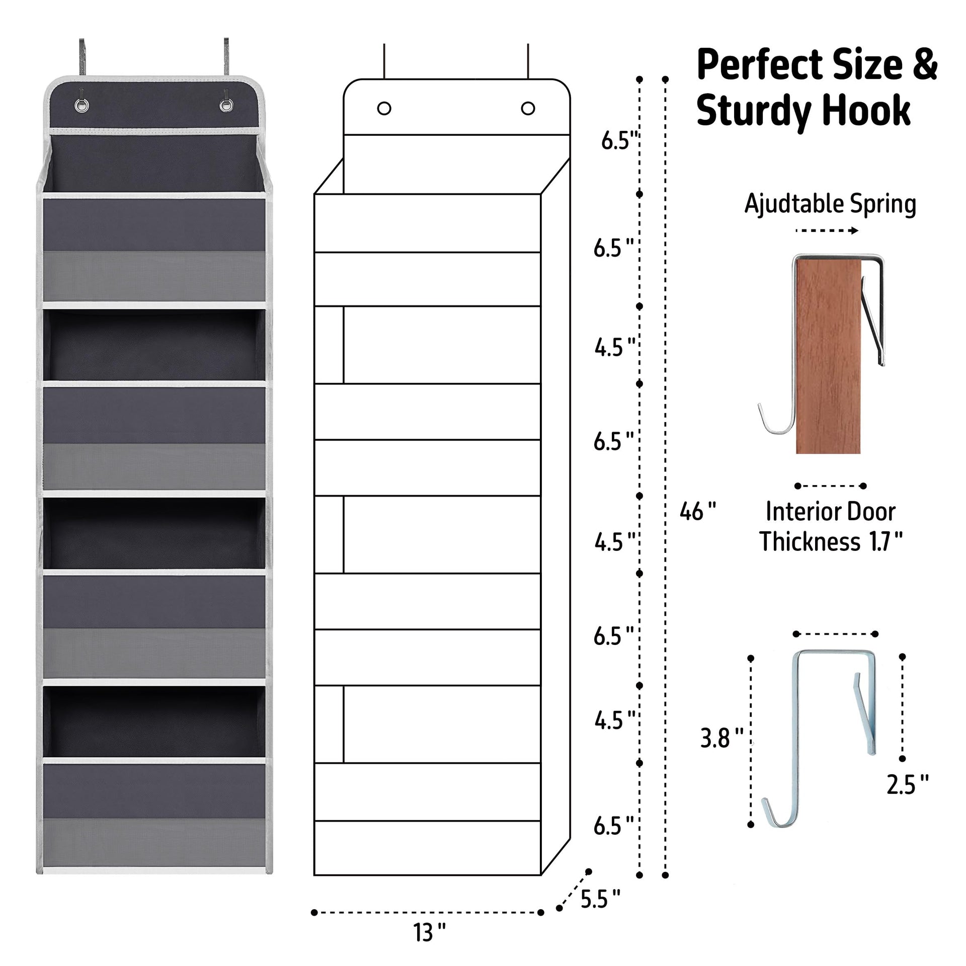 Gray Over Door Organizer with 4 Large Clear Pockets