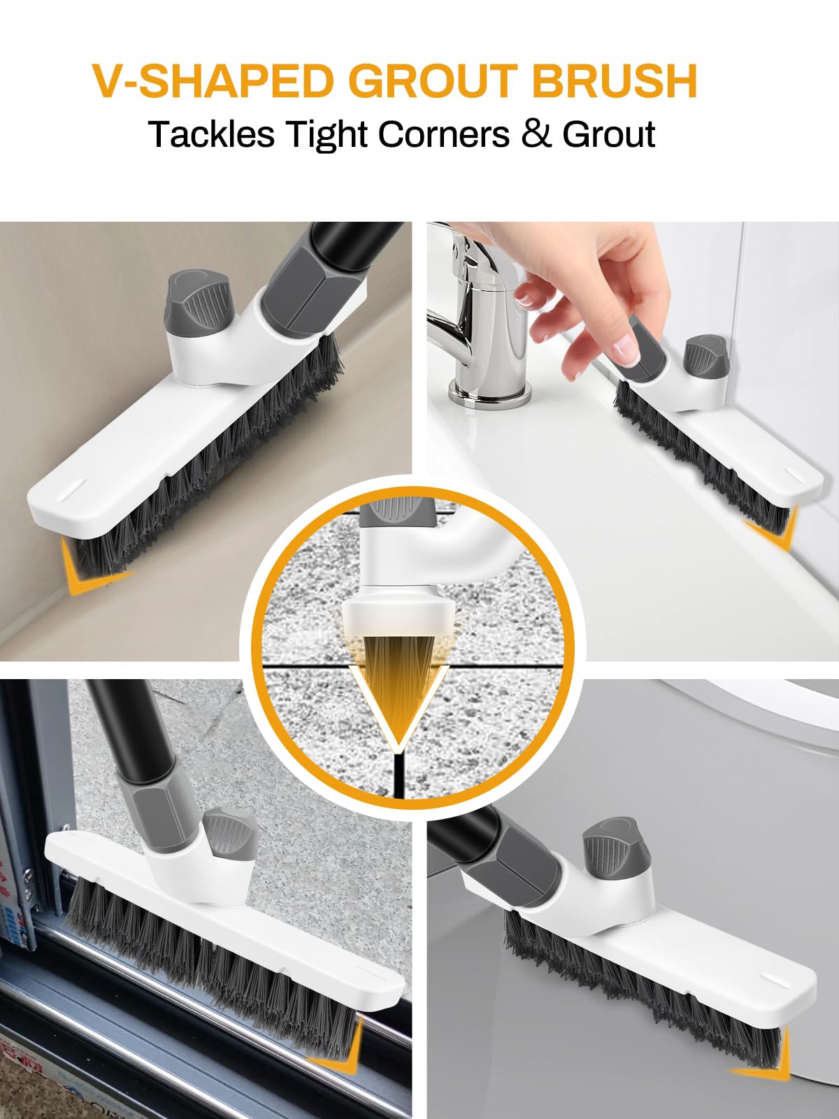 3 in 1 Floor Scrub Brush with Long Handle 55" Push Broom Stiff Bristle Scrubber Brush Squeegee Scrape & Detachable V