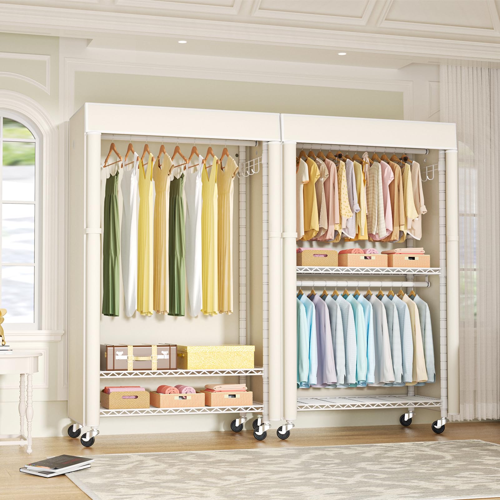 White Clothing Rack with Beige Cover