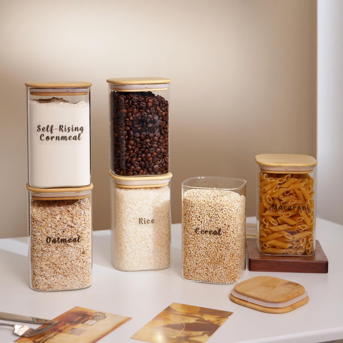 6 Pcs Square Glass Pantry Storage Containers with Bamboo Airtight Lid and 248 Clear Pantry Labels Preprinted