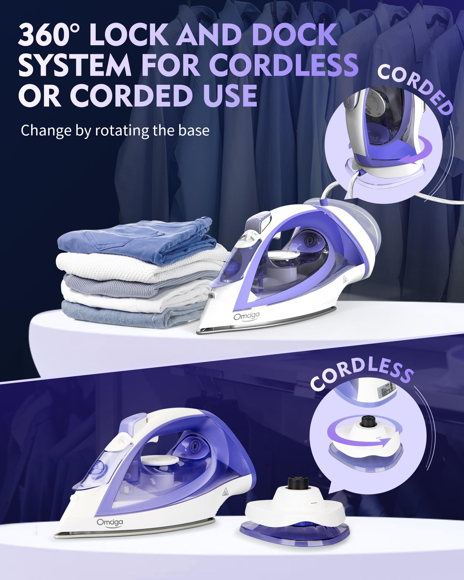 2-in-1 Cordless and Corded Steam Iron for Clothes, 1550W, Lavender