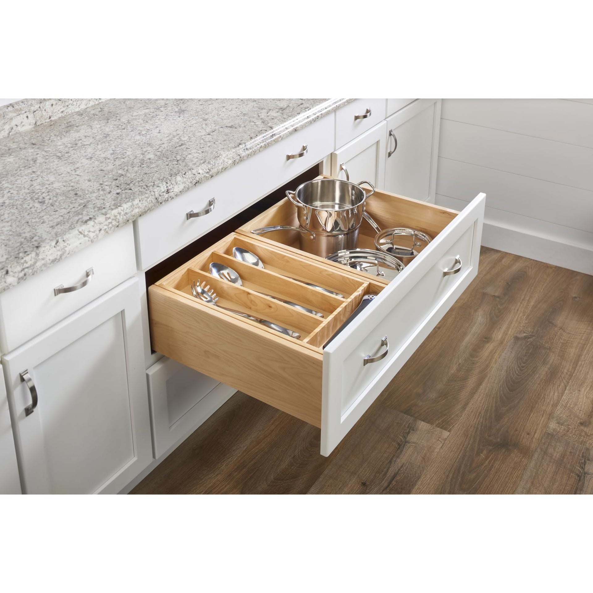 Trim-to-Fit Shallow Drawer Organizer For Kitchen Utensils, Cutlery Cabinet Storage Divider Insert, 23.98 x 21.97 In, Maple Wood, 4WUT-3SH