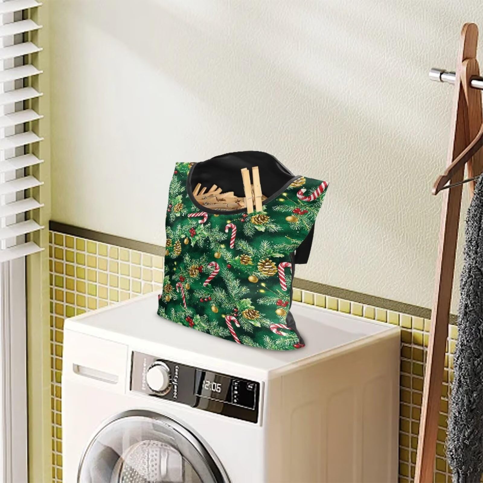 Christmas Pine Clothespin Organizer Bag Green Fashion Clothespin Storage Organizer with Large Opening Rotatable Clothespins Storage Bag Laundry Clothespins Bags for Outdoor