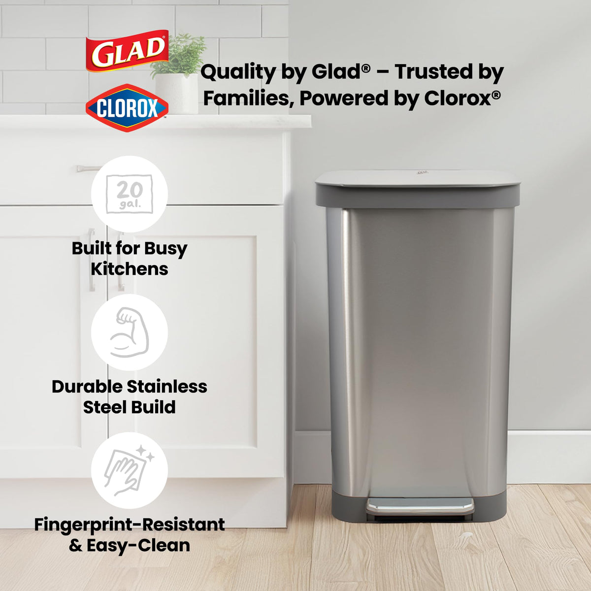 Stainless Steel Trash Can with Clorox Odor Protection