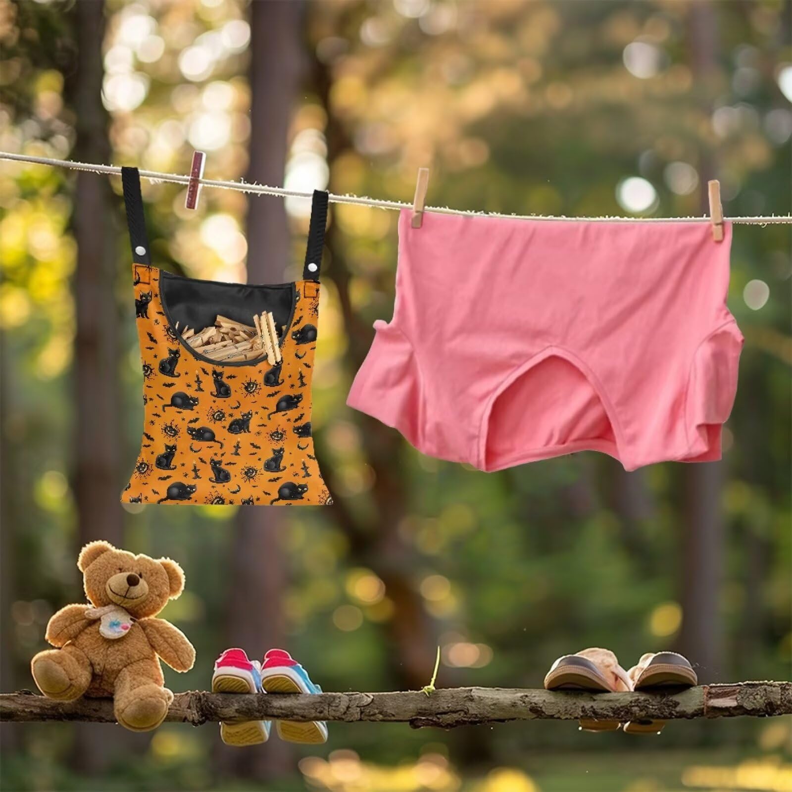 Black Cat Clothespin Bag Orange Clothespin Storage with Hanger Hook Canvas Clothespins Bag with Large Opening Space