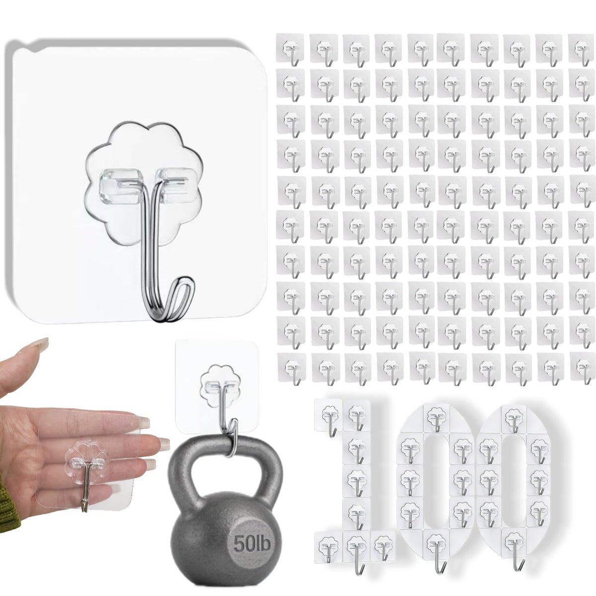 100 Pack Heavy Duty Self Adhesive Hooks 50 lbs Transparent Reusable Sticky Wall Hooks for Hanging Waterproof Adhesive Hooks for Kitchen (100 Count)