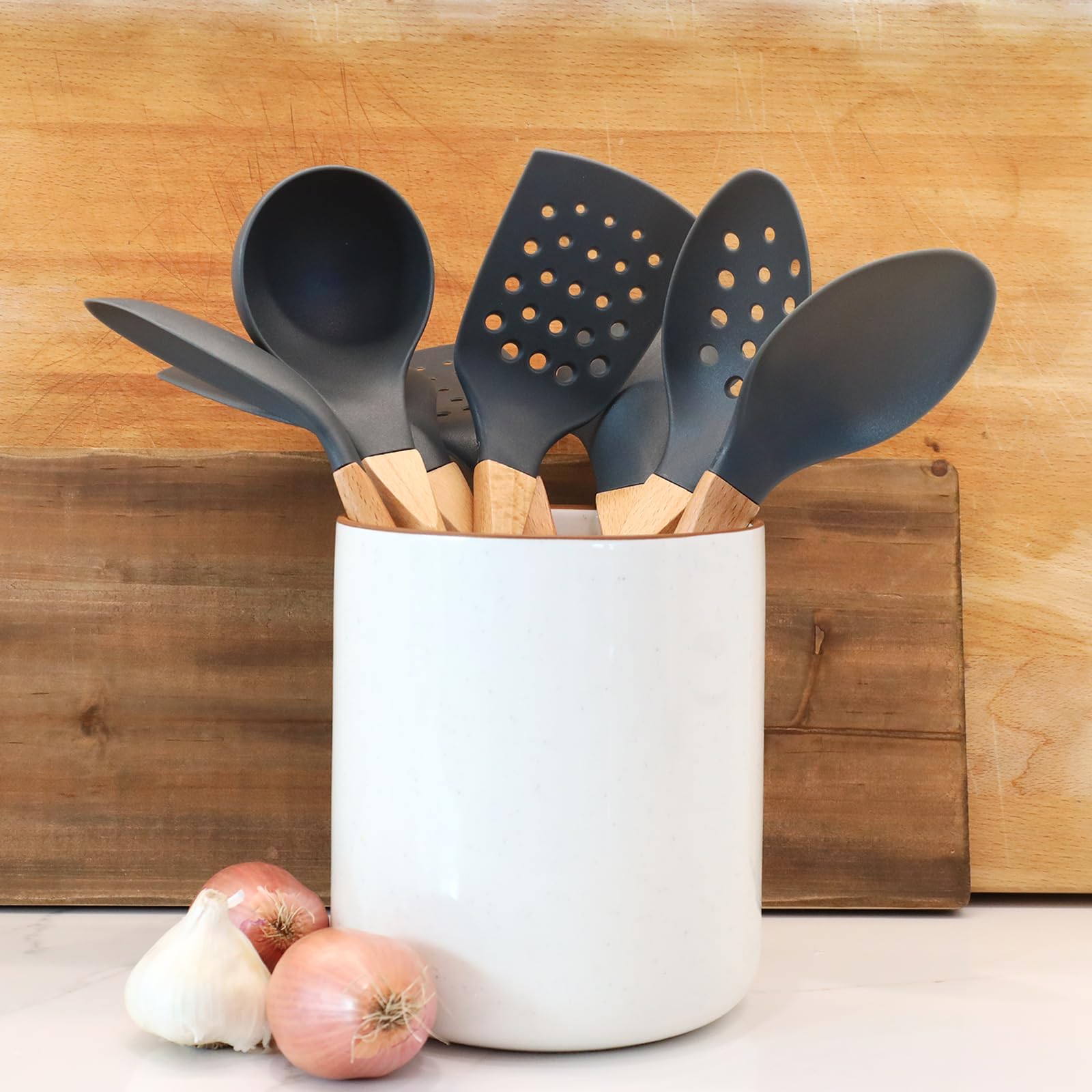 5pc Dark Grey Nylon Wooden Kitchen Utensils with Cooking Spoons