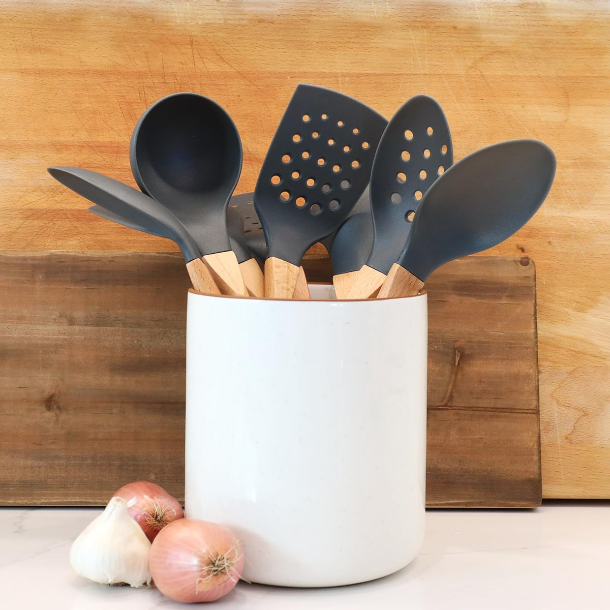 Grey Nylon Slotted Spoon with Wooden Handle Kitchen Utensils High Heat Resistance